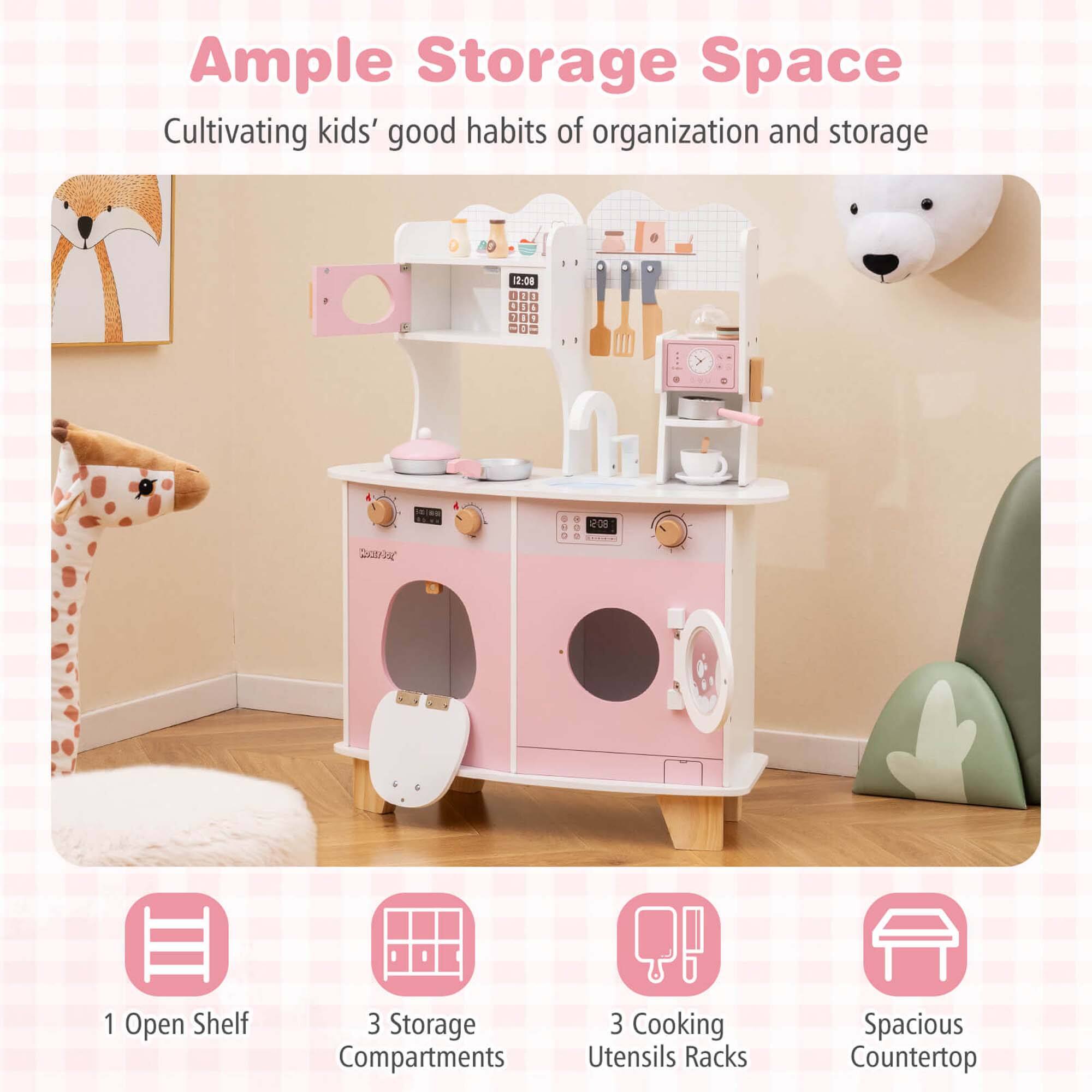 Ample Storage Space  
Cultivating kids' good habits of organization and storage  

1 Open Shelf  
3 Storage Compartments  
3 Cooking Utensils Racks  
Spacious Countertop