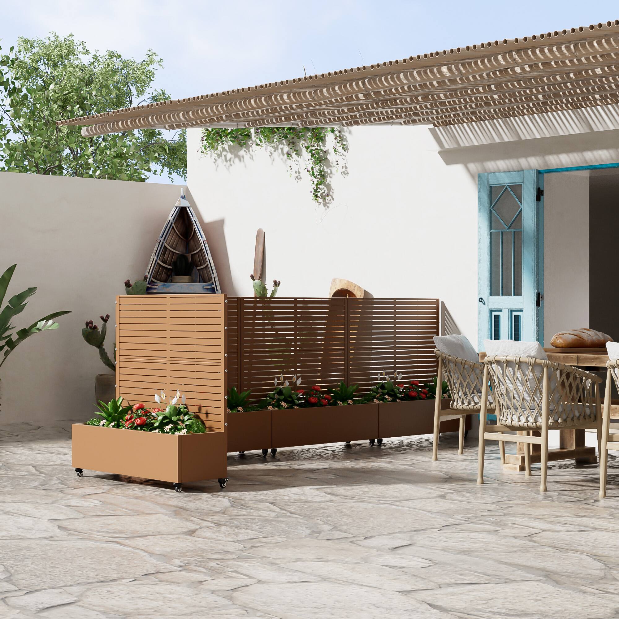 Alt View 4. PexFix - 47 in. H x 47 in. W Louvered Pattern Rectangle Metal Planter Box Raised Garden Beds with Trellis-Ideal for Balcony - Brown.