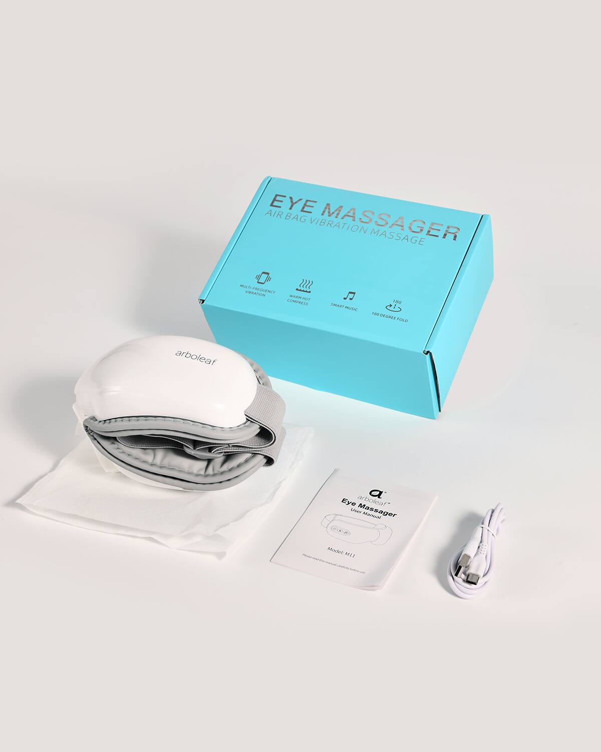 AIR EYE BAG MASSAGER VIBRATION MASSAGE  
MN MIT m VREATUN SCE - CORESL  
LMARY MUSN TB a> L OVARES .NO arboleaf a Eye arboleat Anser Massager Mkae CRP Mostet 11M

EYE MASSAGER  
AIR BAG VIBRATION MASSAGE  
arboleaf

- MULTI-INTENSITY VIBRATION  
- WARM COMPRESS  
- SMART MUSIC  
- 180 DEGREE FOLD

Eye Massager  
User Manual  
Model: M11
