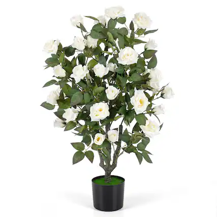 Front. Boyel Living - 35.5" Artificial Rose Tree with Blooming Flowers and Green Leaves for Indoor-White - White.