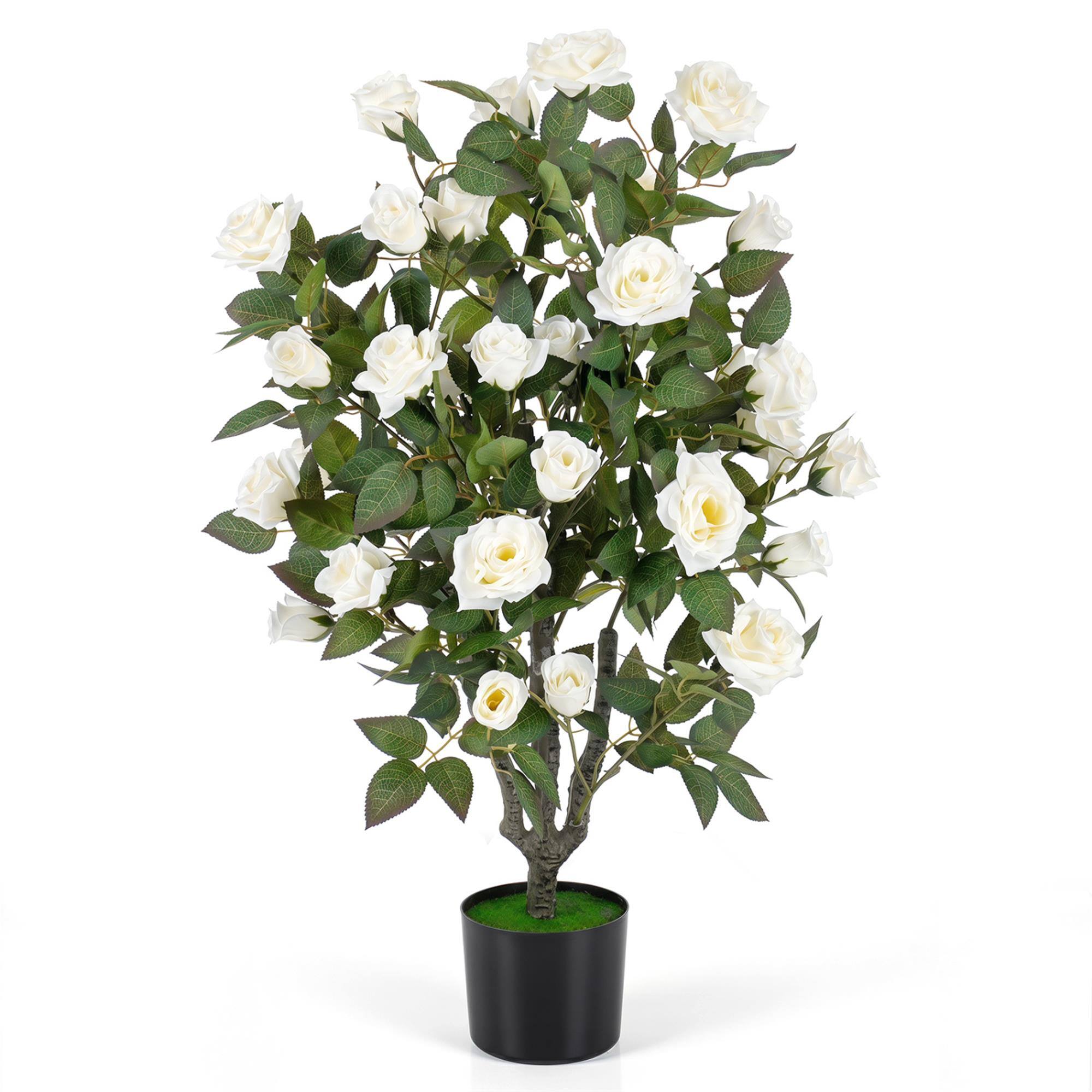 Front. Boyel Living - 35.5" Artificial Rose Tree with Blooming Flowers and Green Leaves for Indoor-White - White.