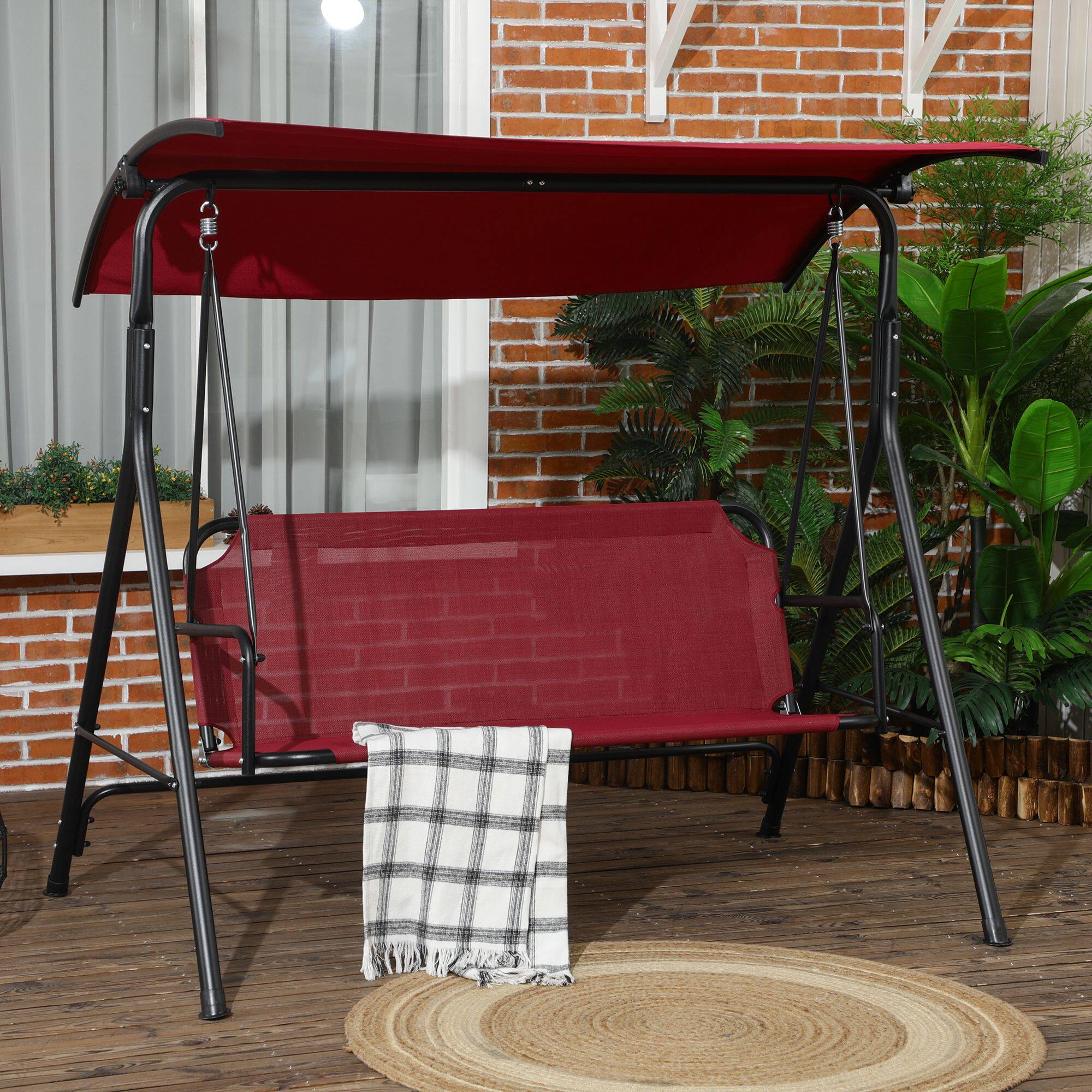 Angle. AOOLIVE - Outsunny 3-Person Porch Swing Bench with Stand&Adjustable Canopy,Armrests,Steel Frame for Outdoor,Patio,Porch,Wine Red - Red.