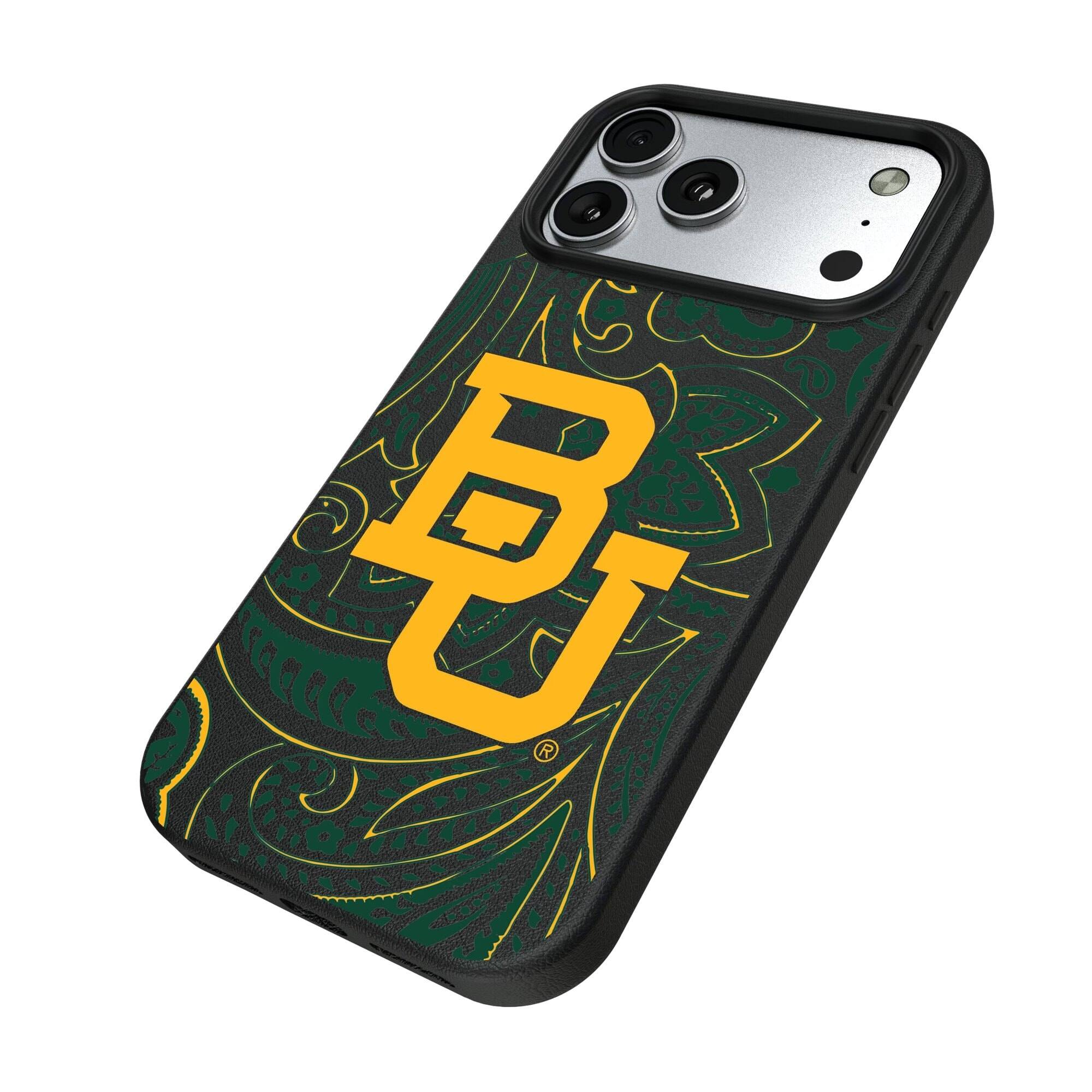 Alt View 1. Keyscaper - Baylor Bears Paisley iPhone Magnetic Bump Case - 15 Pro Max - Black.