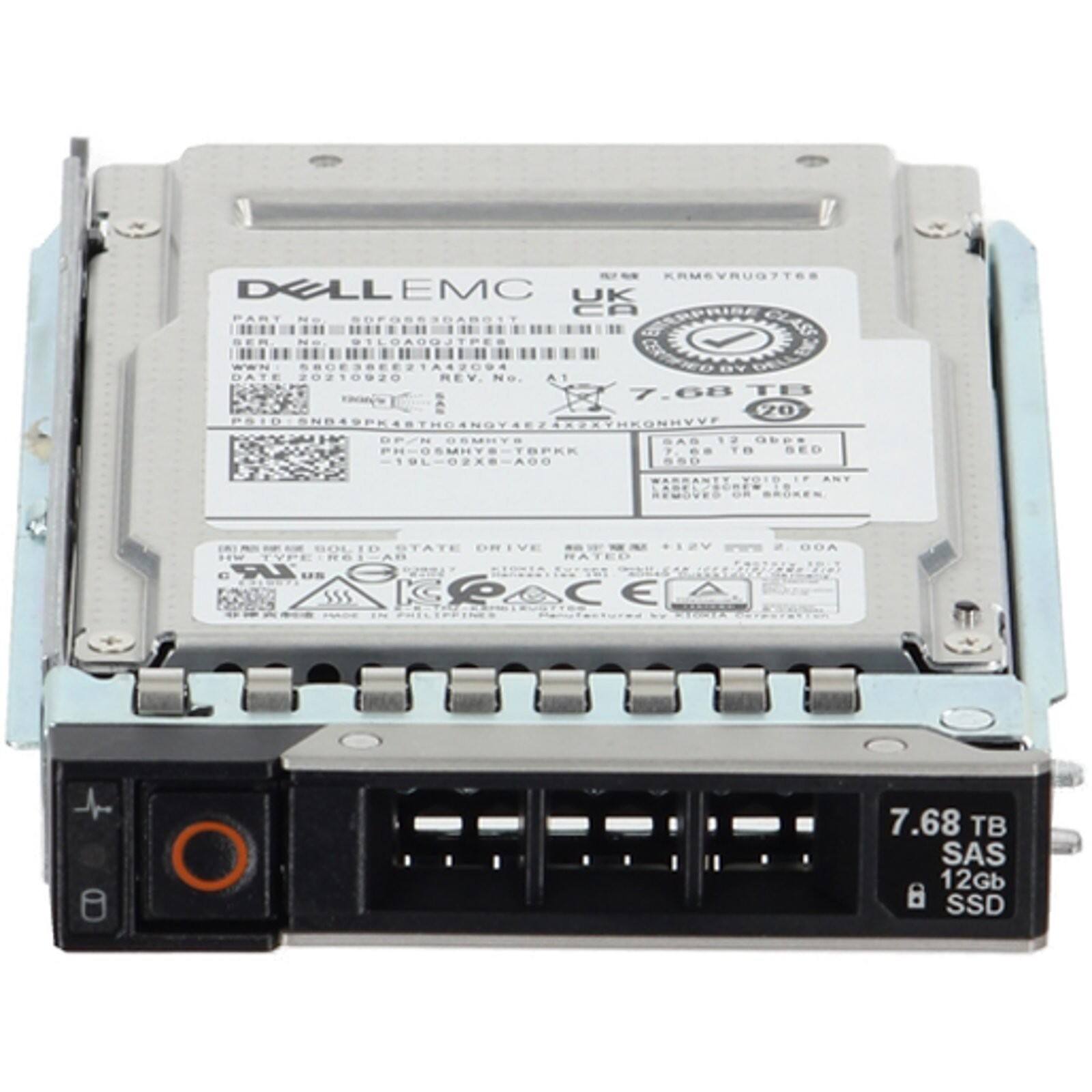 DELL EMC  
UK  
PART NO. S0F053208017  
WVN 50210920  
REV. No. A1  
7.68 TB  
2.90  
PRID SNR4SPK4RTHO4NOVAEZ  
SACHKONHYVE  
NIN DE/N  
GSMRY  
SAS  
PH-0SMY8-TBPKK  
TOPKK  
10L-02X8-A00  
88D  
ANY REMOVES BROKEN  
GOLD STATE DRIVE  
GWWM  
2V  
TYPE RSLAR  
RATED E  
IR 5200  
SSS  
COAC  
- 00A  
7.68 TB SAS 12Gb 8 SSD