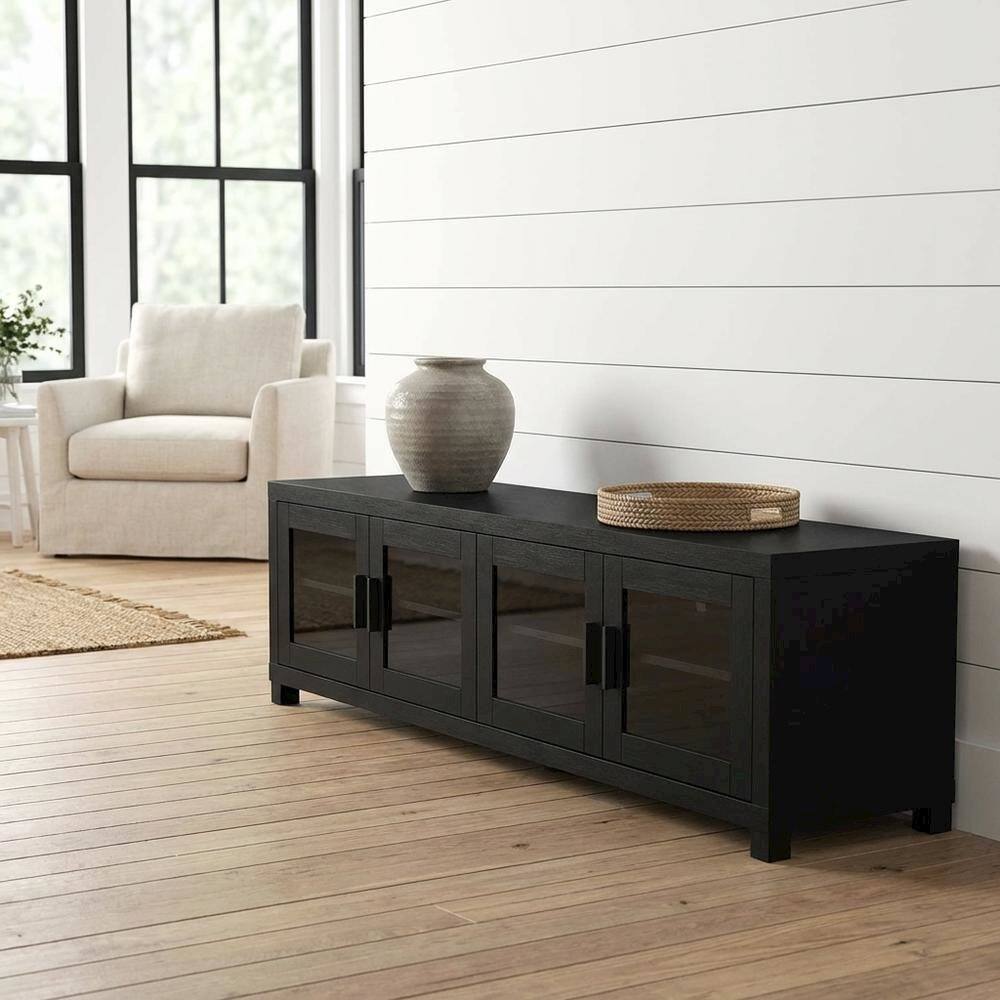 Alt View 1. FurniFact - Black engineered wood TV stand, 4 doors, modern design,, durable materials - Brown.