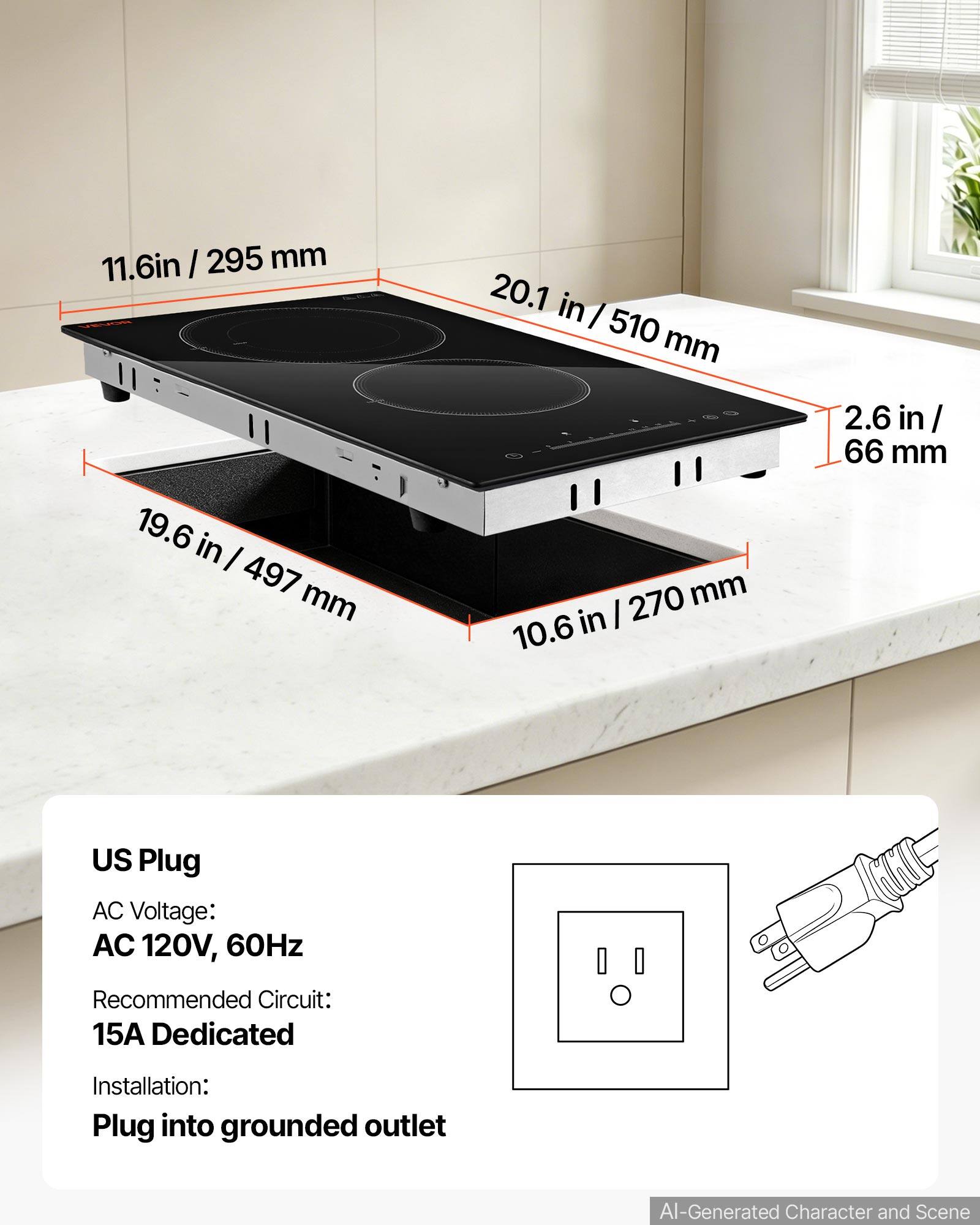 11.6 in / 295 mm  
19.6 in / 497 mm  
20.1 in / 510 mm  
10.6 in / 270 mm  
2.6 in / 66 mm  

US Plug  
AC Voltage: AC 120V, 60Hz  
Recommended Circuit: 15A Dedicated  
Installation: Plug into grounded outlet