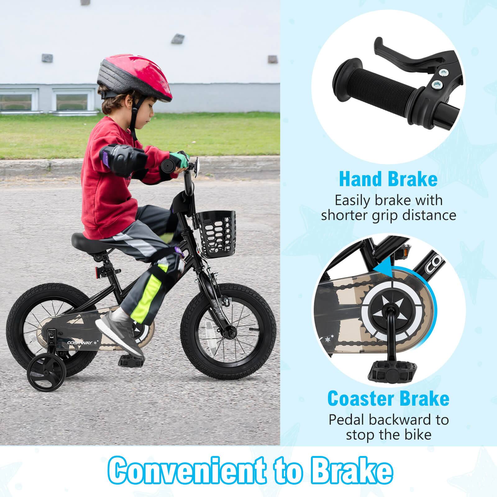 Convenient to Brake

Hand Brake  
Easily brake with shorter grip distance

Coaster Brake  
Pedal backward to stop the bike