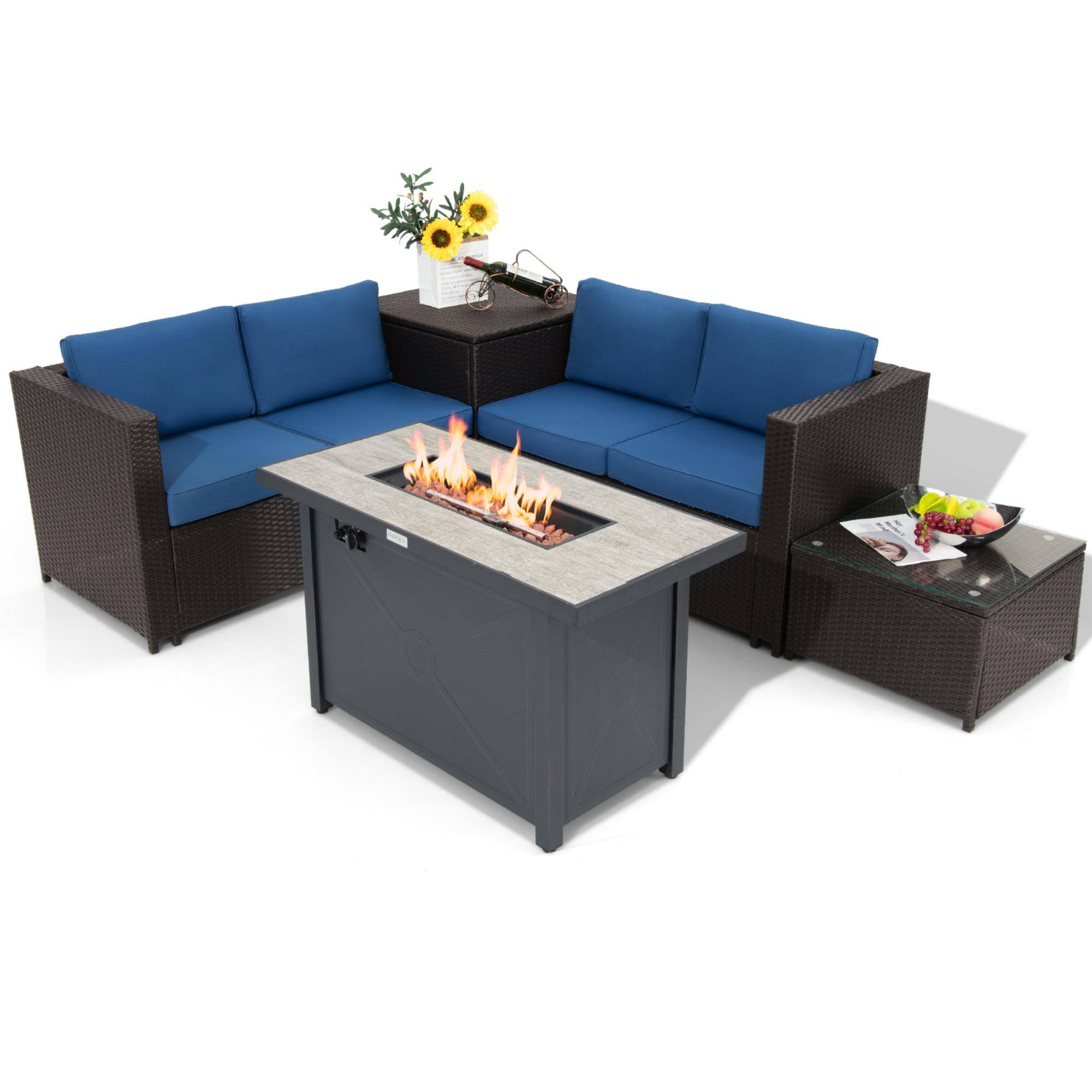 Alt View 1. Gymax - Gymax 5PCS Patio Rattan Furniture Set Fire Pit Table w/ Cover Storage Cushion Navy - Navy.