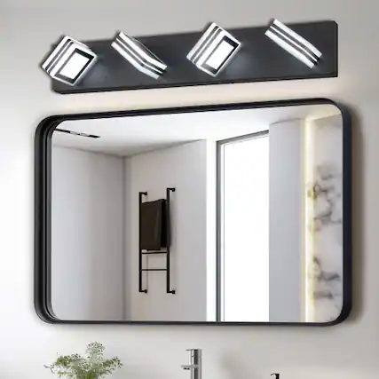 Front. LUCKY ONE - 26in Wall Mount LED Vanity Light, 4-Light Black Fixture with Square Acrylic Shades for Bathroom - Black.