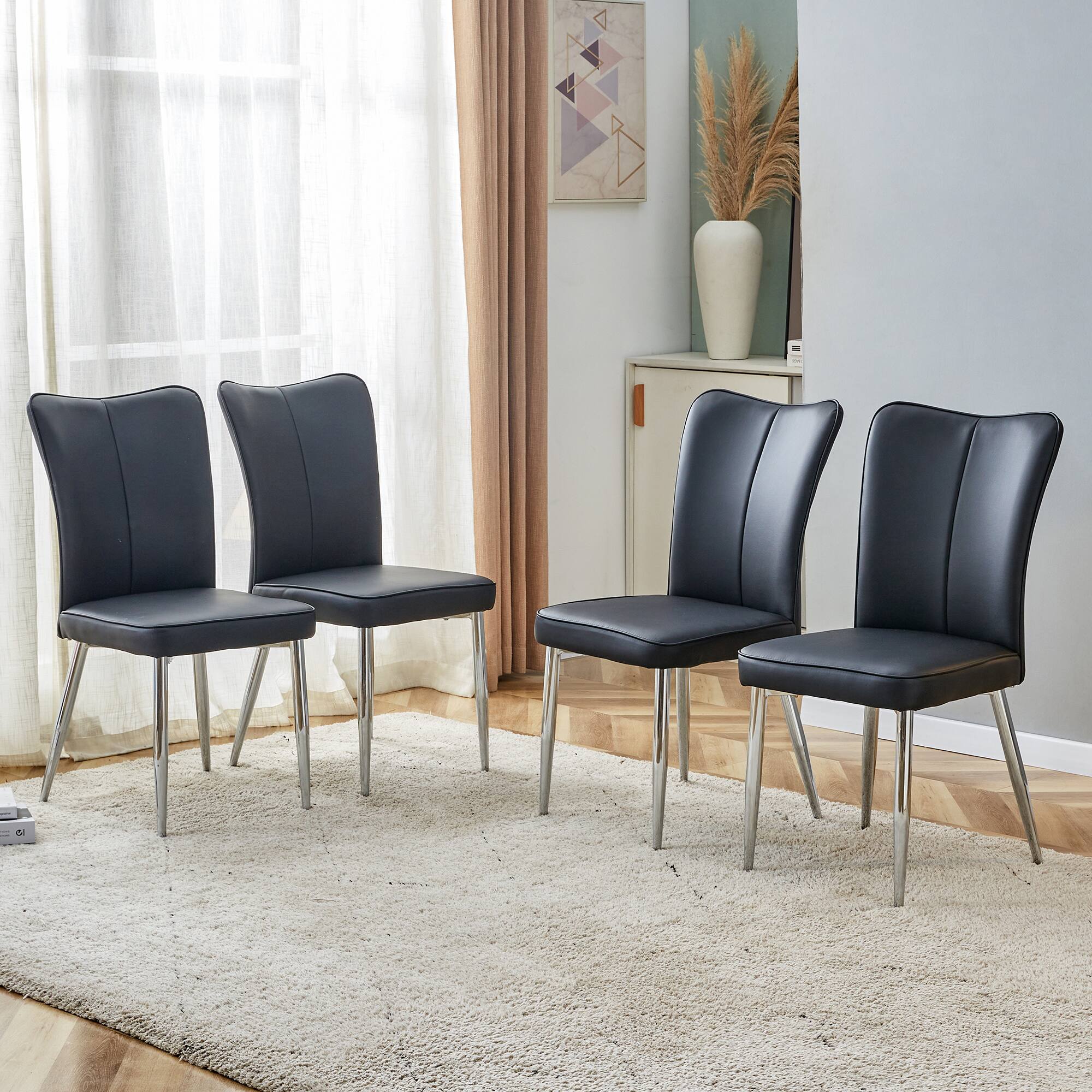 Left. Lirago - 17 Inch Modern Minimalist Dining Chairs Set of 4 PU Leather Curved Backrest and Seat Cushions Electroplated Metal Legs - Black+Silver.