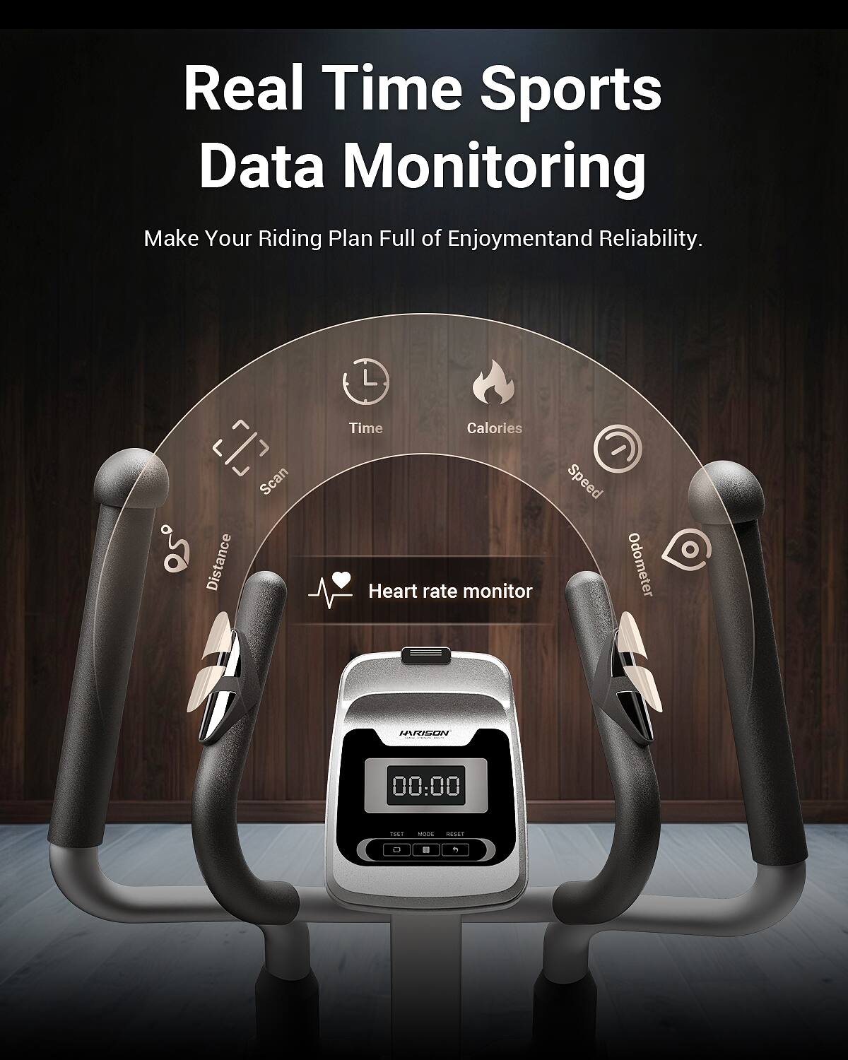 Real Time Sports Data Monitoring  
Make Your Riding Plan Full of Enjoyment and Reliability.  

Scan  
Distance  
Time  
Calories  
Speed  
Heart rate monitor  
Odometer  

LARISON  
00:00