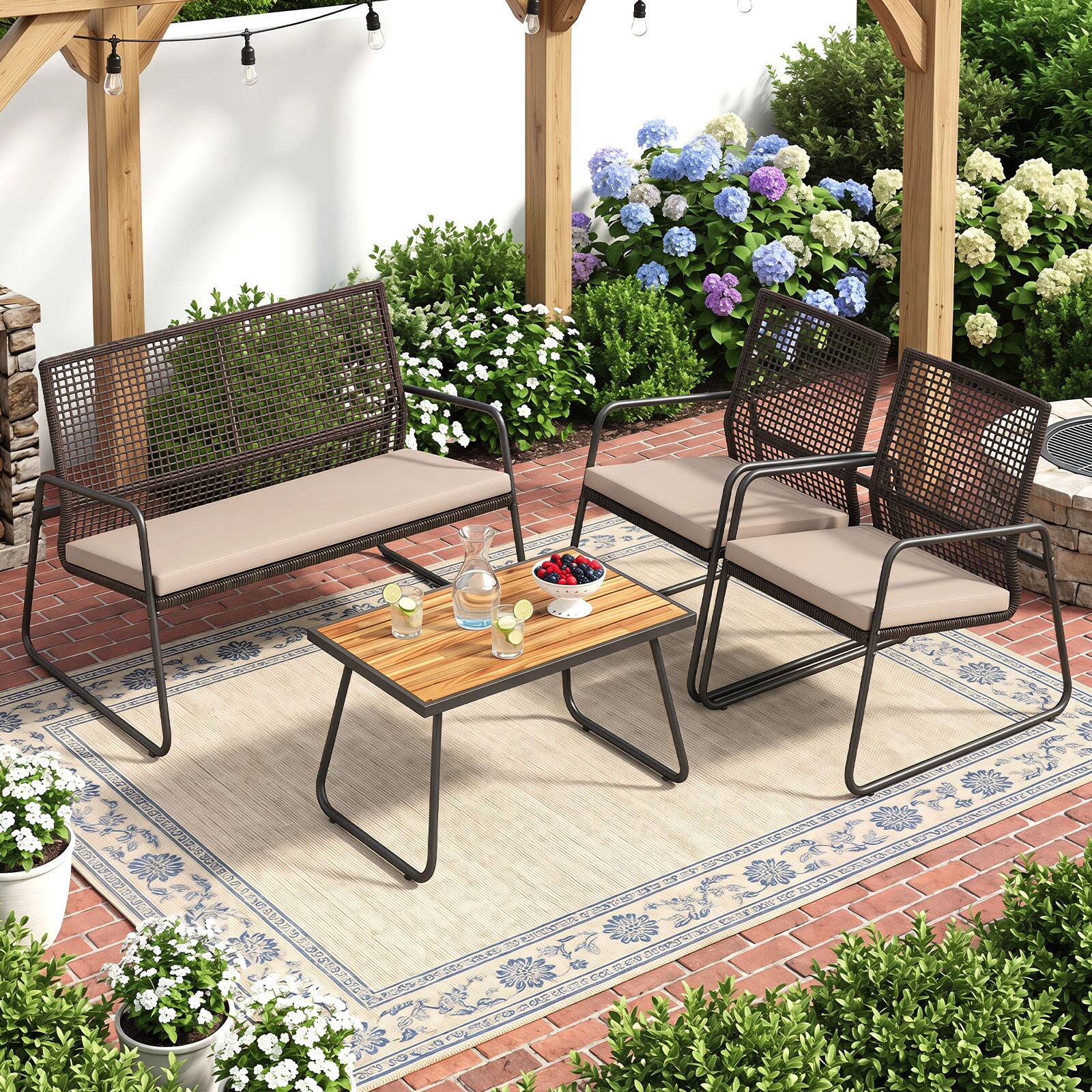 Alt View 1. Gymax - Gymax 4PCS Patio Furniture Set PE Wicker Rattan Conversation Set w/ Zippered Cushions - Beige.