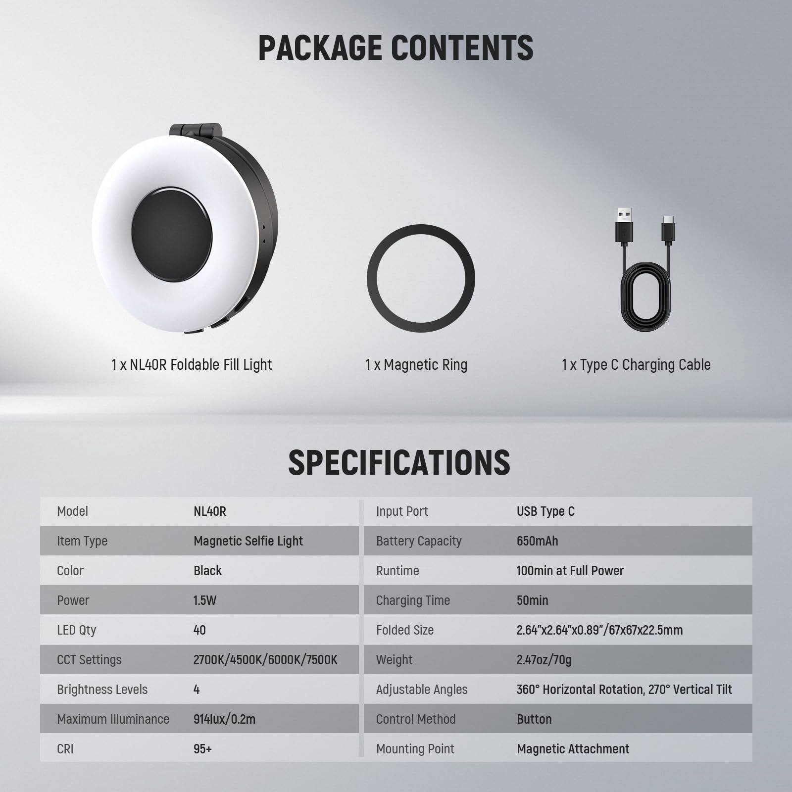 PACKAGE CONTENTS  
1 x NL40R Foldable Fill Light  
1 x Magnetic Ring  
1 x Type C Charging Cable  

SPECIFICATIONS  
Model: NL40R  
Item Type: Magnetic Selfie Light  
Color: Black  
Power: 1.5W  
LED Qty: 40  
CCT Settings: 2700K/4500K/6000K/7500K  
Brightness Levels: 4  
Maximum Illuminance: 914lux/0.2m  
CRI: 95+  
Mounting Point: Magnetic Attachment  

Input Port: USB Type C  
Battery Capacity: 650mAh  
Runtime: 100min at Full Power  
Charging Time: 50min  
Folded Size: 2.64"x2.64"x0.89"/67x67x22.5mm  
Weight: 2.47oz/70g  
Adjustable Angles: 360° Horizontal Rotation, 270° Vertical Tilt  
Control Method: Button