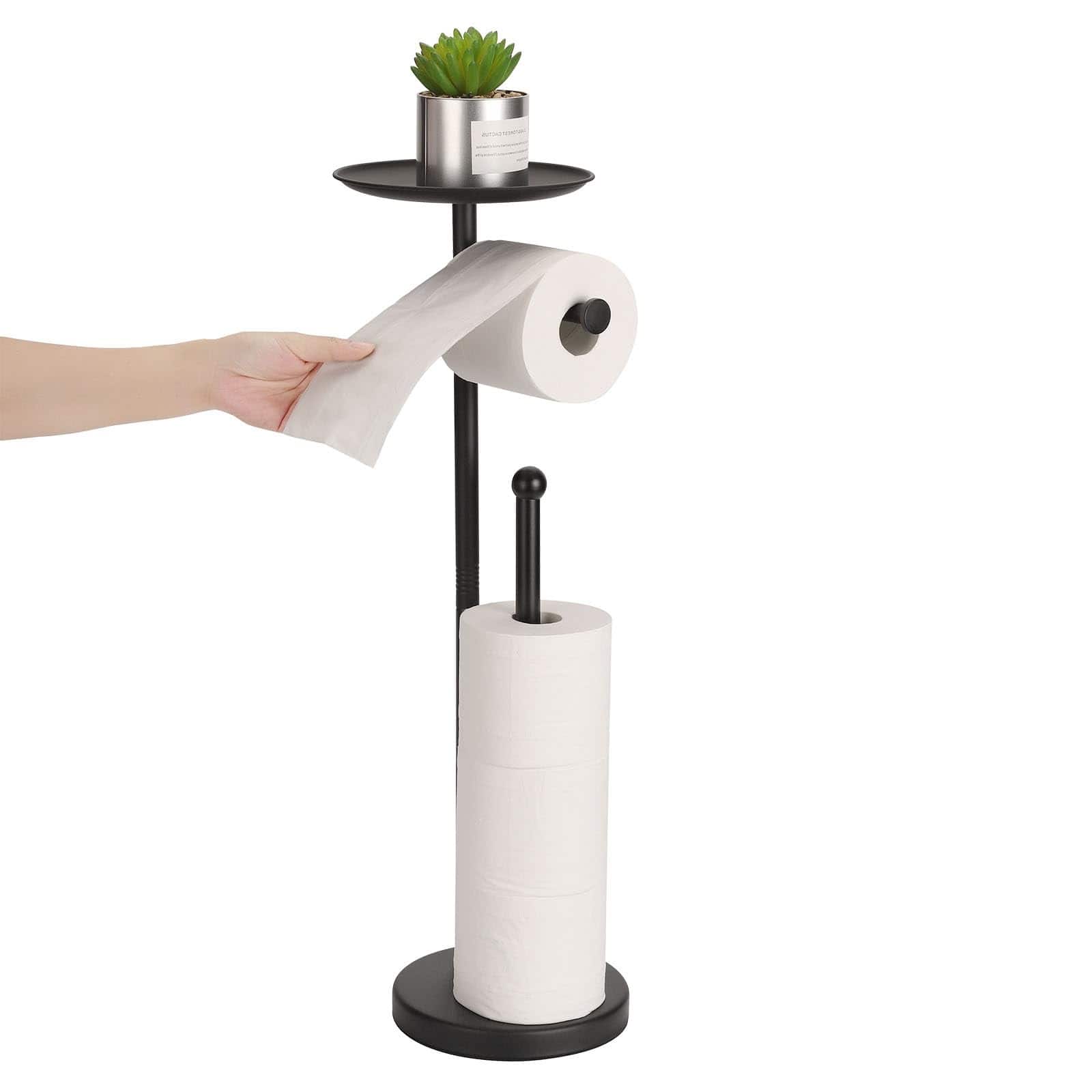 Dazzed Corner - Freestanding Toilet Paper Holder Stand with Phone Shelf, Stainless Steel - Black