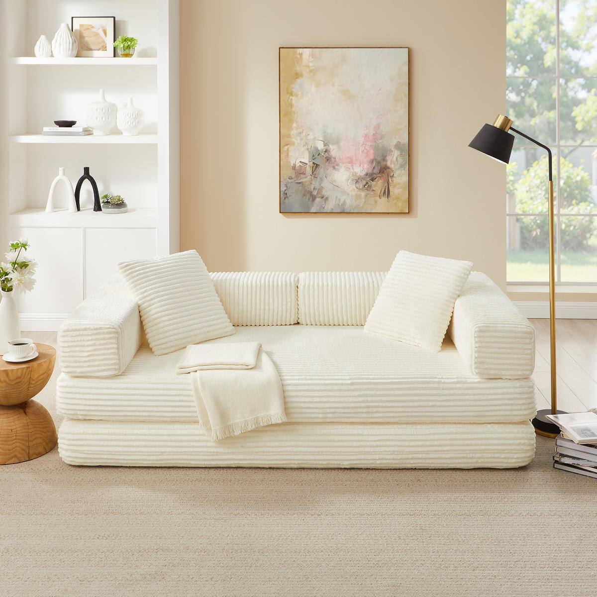 Alt View 5. Meqiodas - 81''Convertible Sofa Bed, Folding Floor Couch with Square Armrest, Comfy Sleeper Mattress for Living Room - Beige.