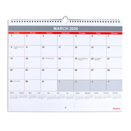 Staples - 2026 15" x 12" Monthly Wall Calendar - White/Red/Gray