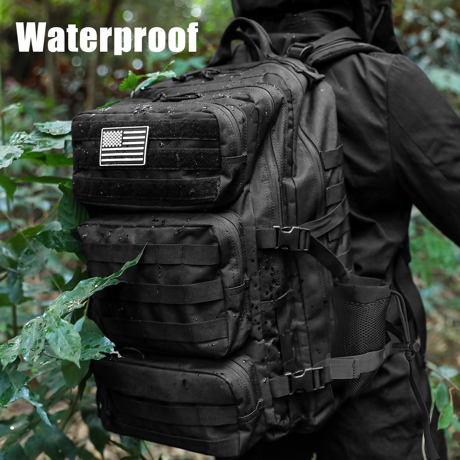 Left. Cozy Serene - 50l Backpack Large Day For Men Molle Army 3 Days Assault Pack Out Bag Water Resistant And Heavy Duty Hiking Treeking - Woodland Camo-Large.
