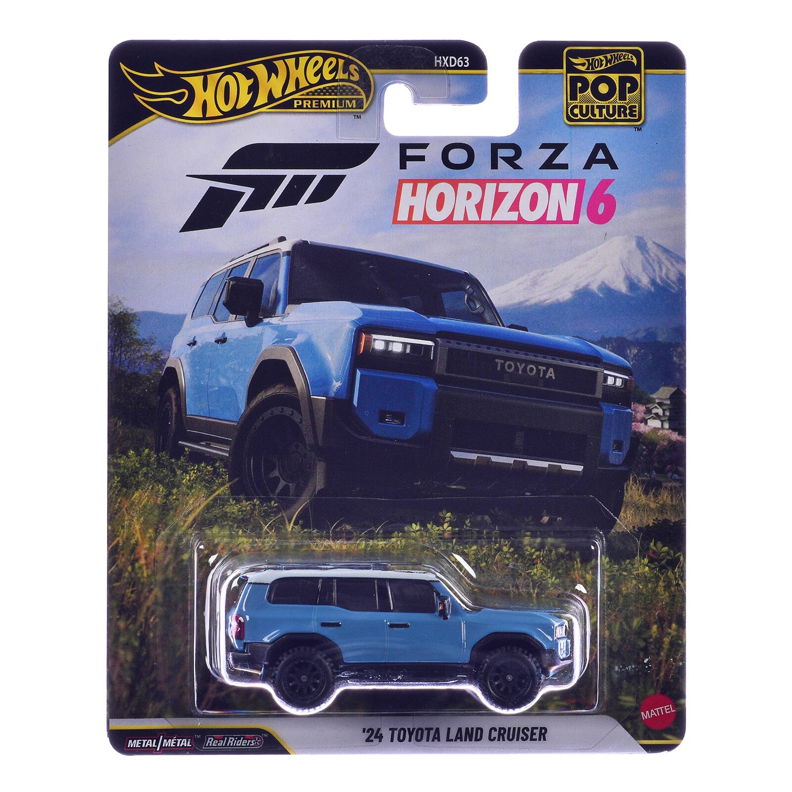 HXD63 HOB WHeeLs Hot WHeeLs PREMIUM TM CULTURE POP TM FORZA HORIZON 6  
TOYOTA  
or METAL/MTAL Real Riders  
'24 TOYOTA LAND CRUISER  
MATTEL