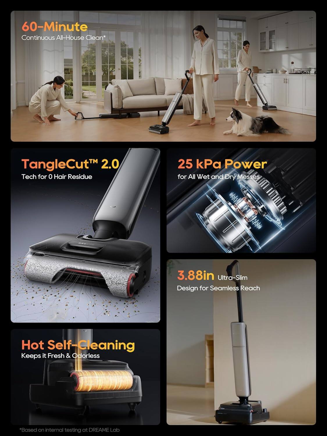 60-Minute Continuous All-House Clean*  
TangleCut™ 2.0 Tech for 0 Hair Residue  
25 kPa Power for All Wet and Dry Messes  
3.88in Ultra-Slim Design for Seamless Reach  
Hot Self-Cleaning Keeps it Fresh & Odorless  
*Based on internal testing at DREAME Lab