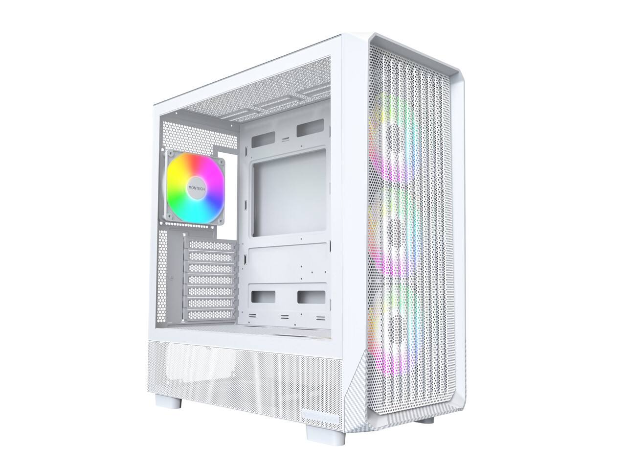 Angle. Montech - MONTECH X5 ATX Mid-Tower Case, 4x ARGB Fans, Glass Panel, GPU Holder, White - White.