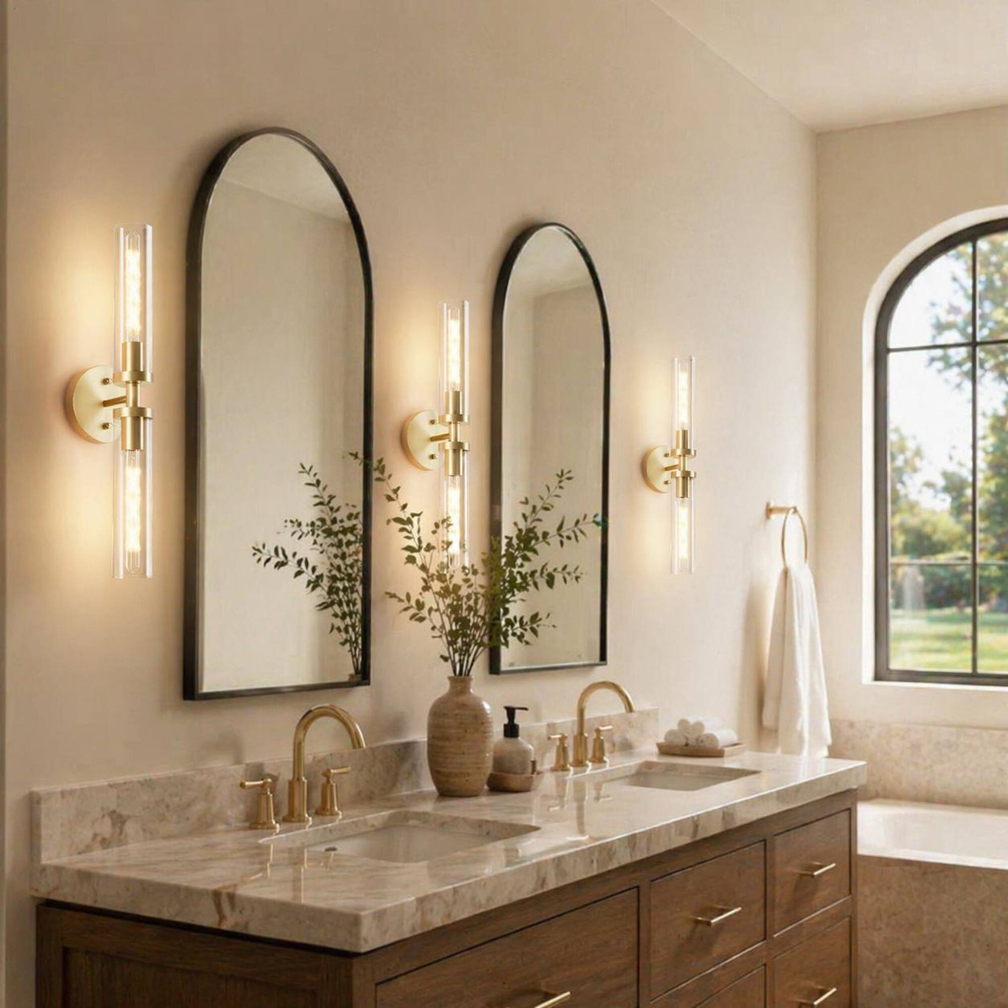 Alt View 2. RYHNUYNE - Set of 2 Hardwired Gold Wall Sconces with Clear Glass Shades for Bathroom Vanity, Hallway, and Bedroom.