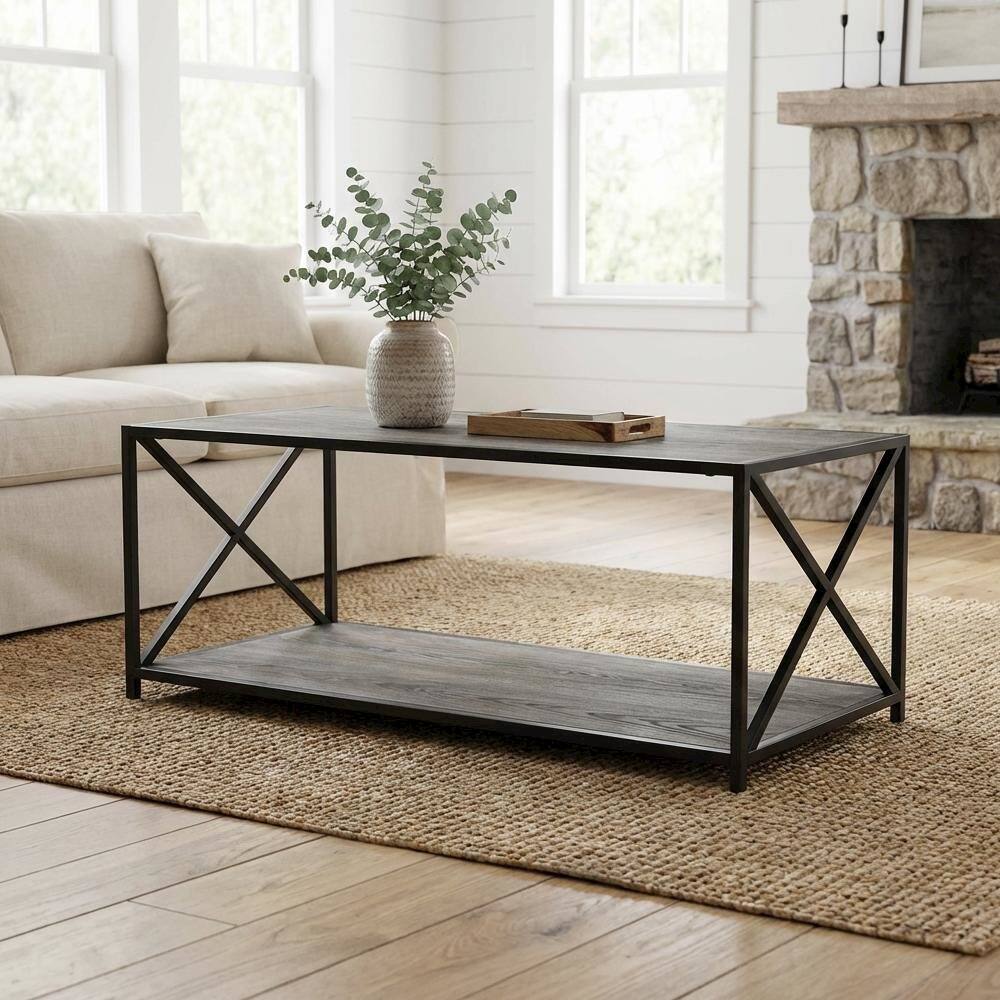 Left. FurniFact - Weathered Gray Coffee Table with Particle Board Top and Sturdy Base Design - Weathered Gray.