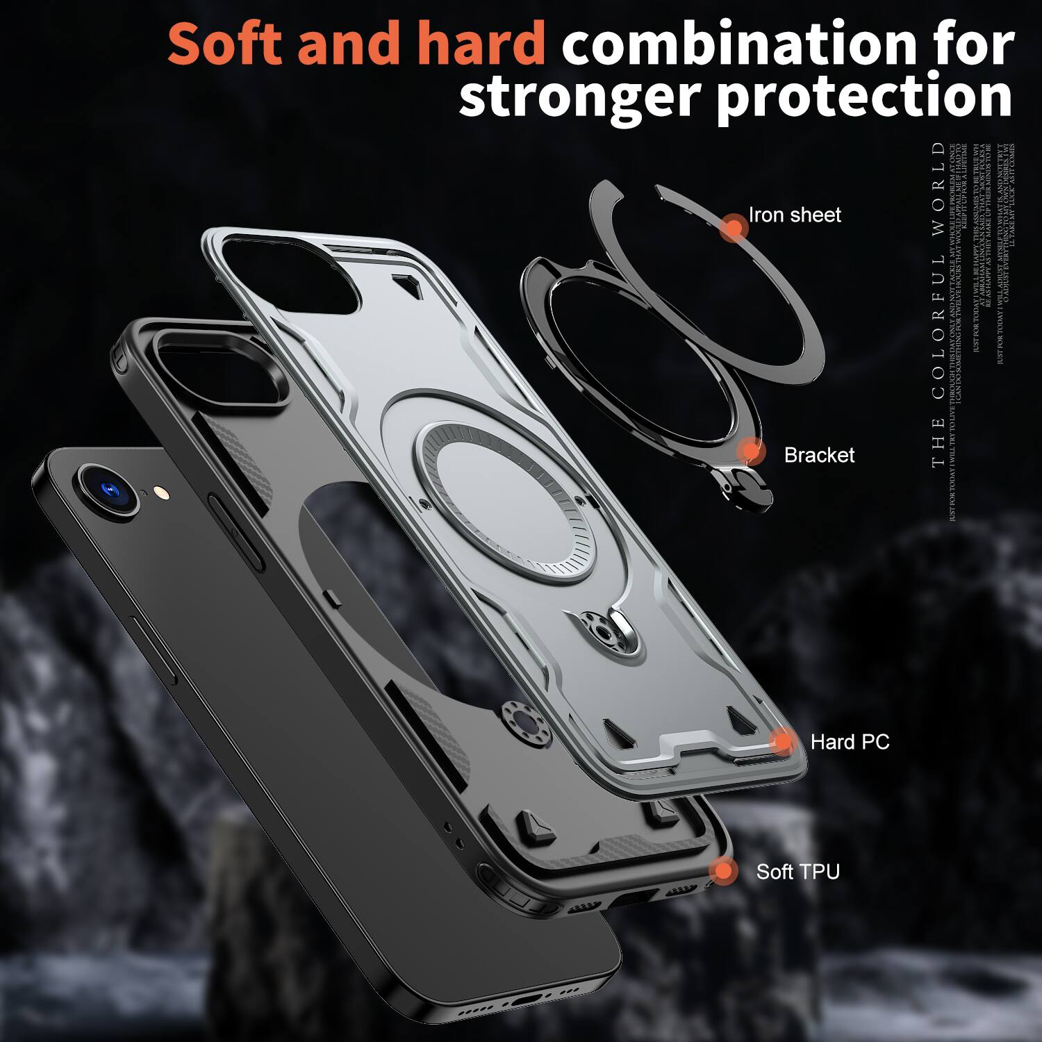 Soft and hard combination for stronger protection

Iron sheet
Bracket
Hard PC
Soft TPU