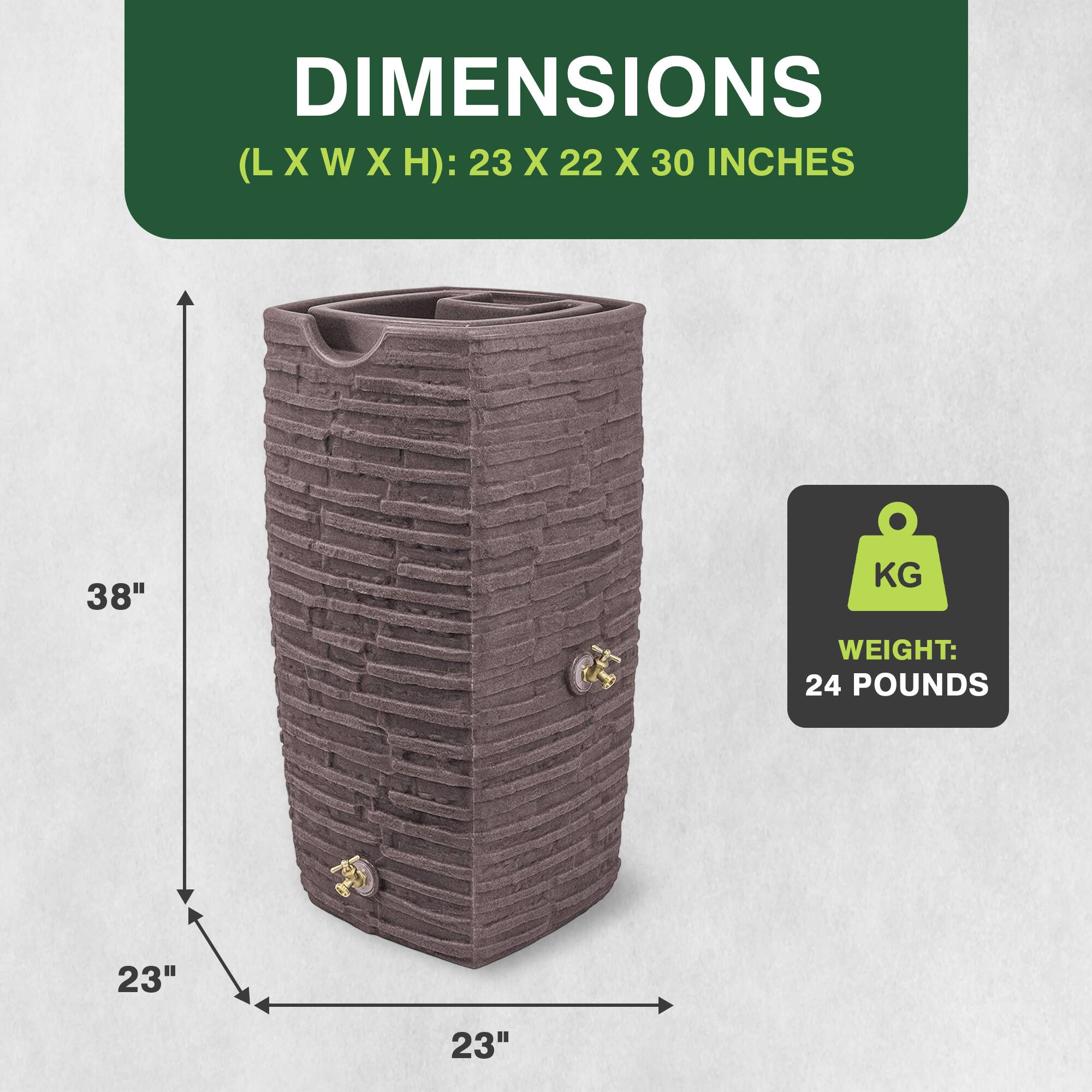 DIMENSIONS (LXWXH): 23 X 22 X 30 INCHES  
38"  
WEIGHT: 24 POUNDS  
23"  
23"