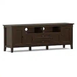 Simpli Home - Warm Shaker 72W Low TV Stand with Drawers, Doors and Cubbies - Tobacco Brown