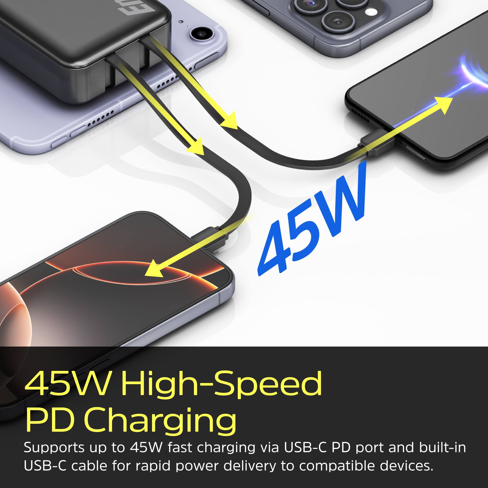 45W High-Speed PD Charging

Supports up to 45W fast charging via USB-C PD port and built-in USB-C cable for rapid power delivery to compatible devices.