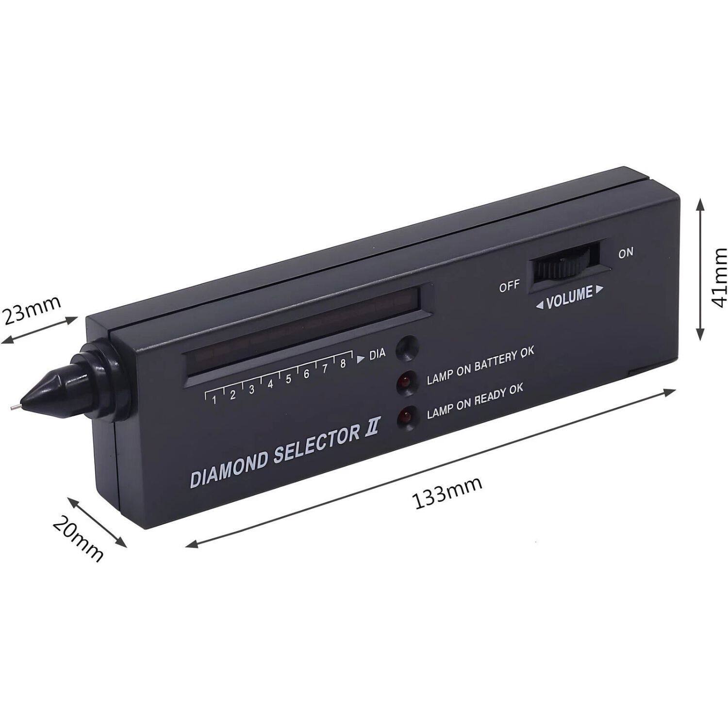 23mm  
20mm  
41mm  
133mm  

DIAMOND SELECTOR II  

ON  
OFF  
VOLUME  
DIA  
1 2 3 4 5 6 7 8  

LAMP ON BATTERY OK  
LAMP ON READY OK  

BATTERY OK