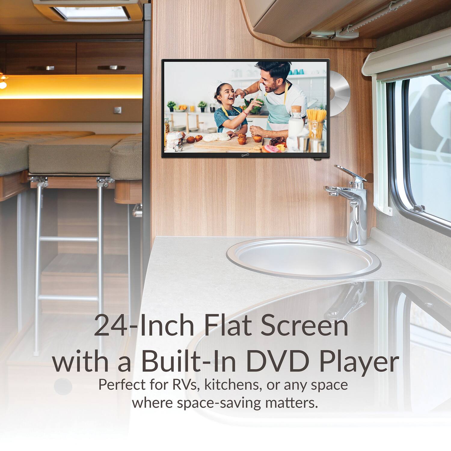 24-Inch Flat Screen with a Built-In DVD Player
Perfect for RVs, kitchens, or any space where space-saving matters.