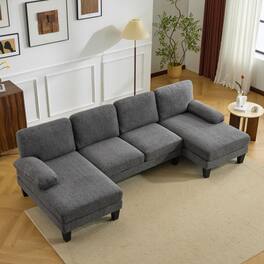 Winado - 112" Sectional Couches Chenille Upholstery U-Shape 4 Seat Sofa Set with Double Chaises & Wood Grain Legs for Living Room - Dark Gray