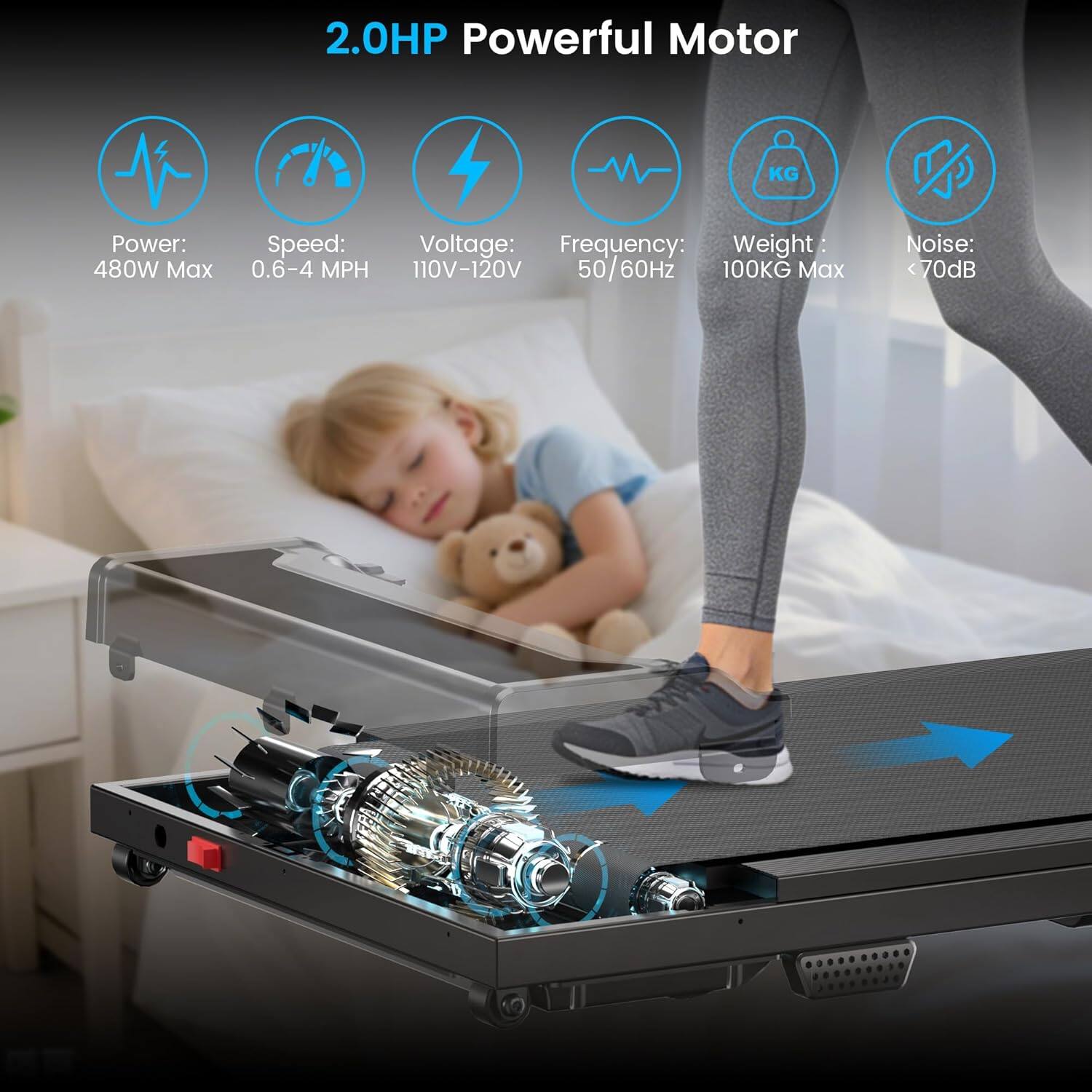 2.0HP Powerful Motor  
Power: 480W Max  
Speed: 0.6-4 MPH  
Voltage: 110V-120V  
Frequency: 50/60Hz  
Weight: 100KG Max  
Noise: <70dB