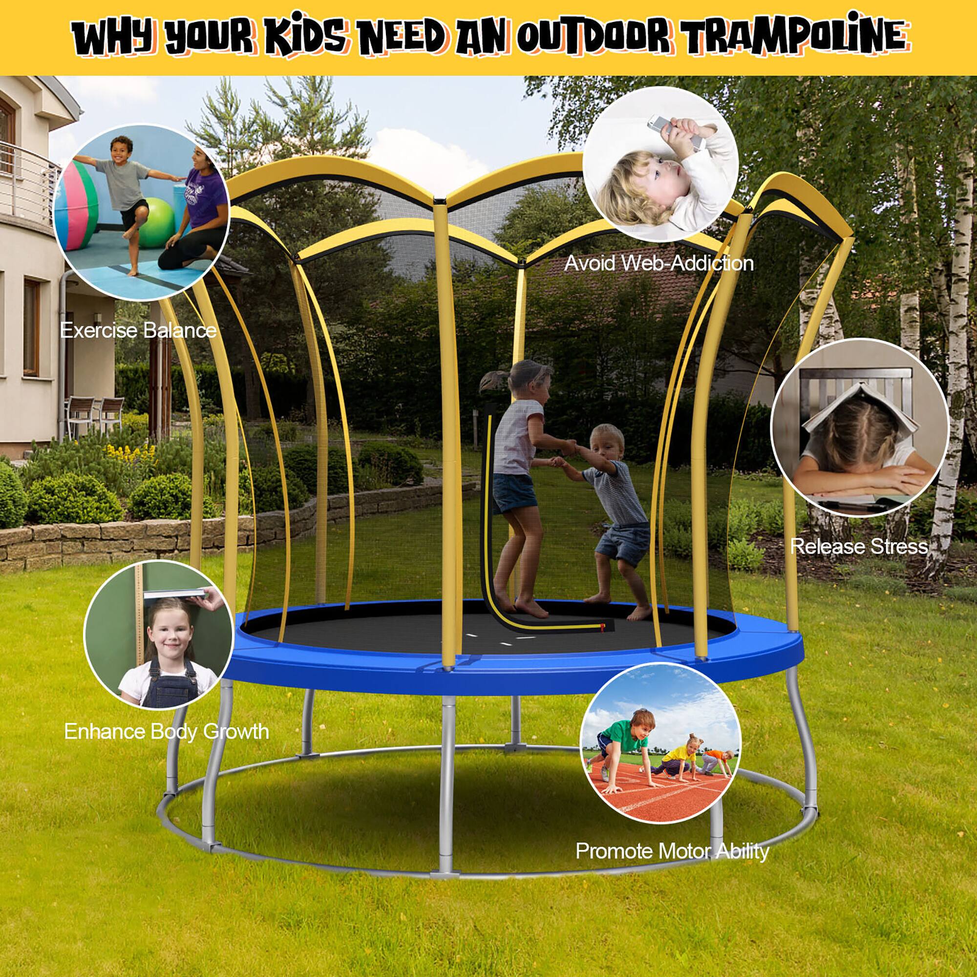 WHY YOUR KIDS NEED AN OUTDOOR TRAMPOLINE

- Avoid Web-Addiction
- Exercise Balance
- Enhance Body Growth
- Release Stress
- Promote Motor Ability
