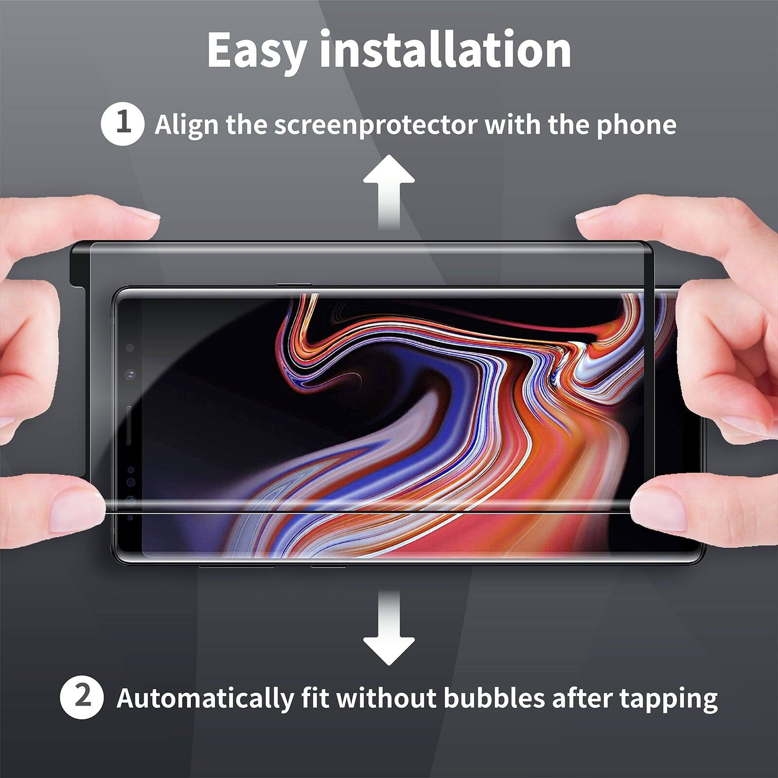 Easy installation

1. Align the screenprotector with the phone

2. Automatically fit without bubbles after tapping