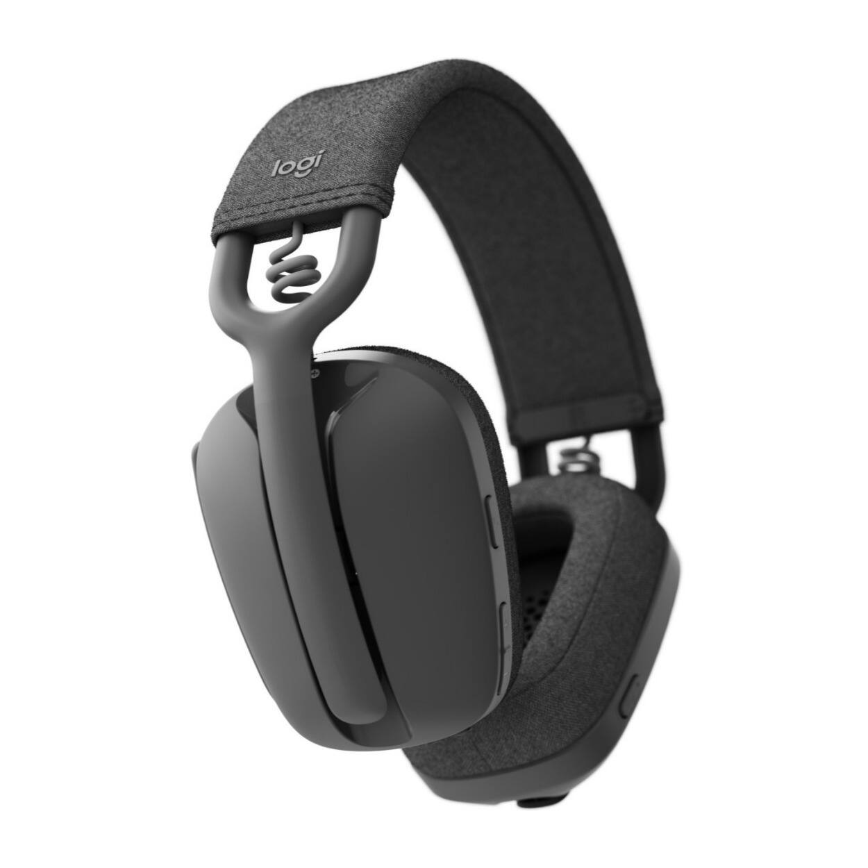 Left. Logitech - Logitech Zone Vibe 100 Over-Ear Headphones (Graphite) w/Keyboard and Desk Mat - Grey.
