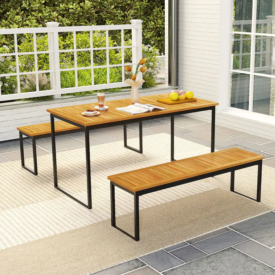 Gymax 2PCS 51'' Wooden Outdoor Bench Patio Dining Bench w/Acacia Wood ...