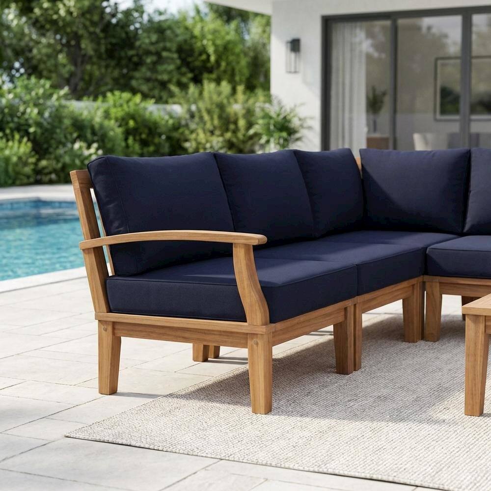 Left. Outdoor Escape - Teak Outdoor Patio Sofa With Armrests And Cushioned Seat For Lounge Area - Blue.