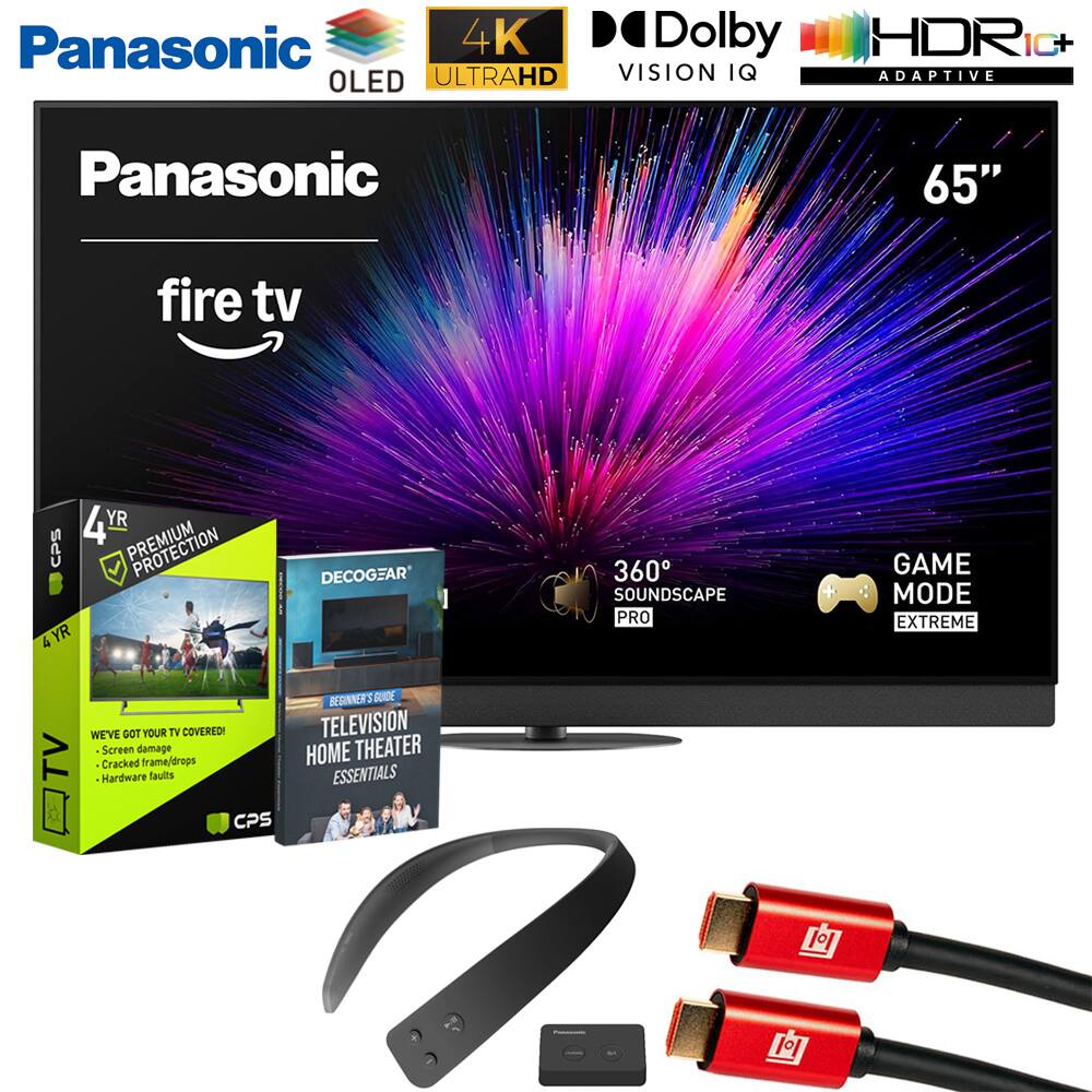 Panasonic 4K OLED ULTRAHD  
Dolby Vision IQ  
HDR10+  
65"  
Fire TV  
4 YR Premium Protection  
360° Soundscapes Pro  
Game Mode Extreme  

We've Got Your TV Covered!  
- Screen damage  
- Cracked frame/drops  
- Hardware faults  

Beginner's Guide  
Television Home Theater Essentials  

DECOCGEAR
