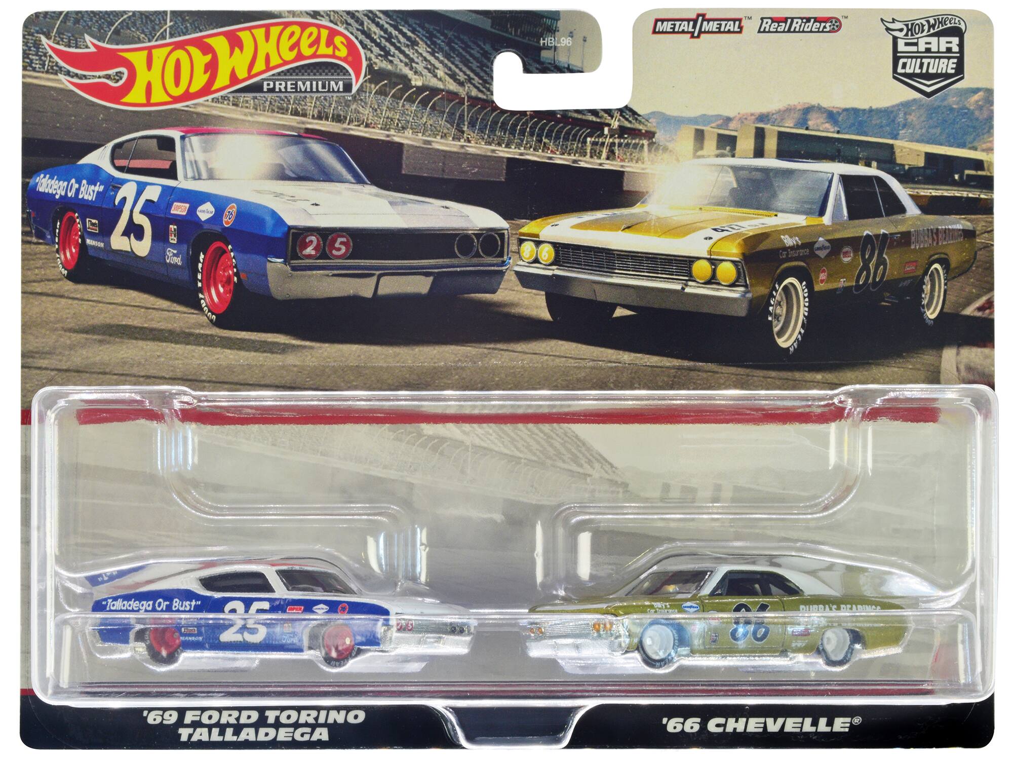 Hot Wheels - 1969 Ford Torino Talladega #25 White Blue Red Top & 1966 Chevrolet Chevelle #86 Gold White Top Car Culture 2-Car Set - White, Blue, Red, Gold