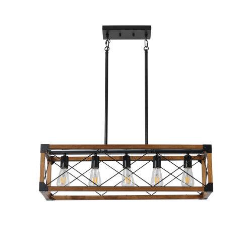 Alt View 4. LUCKY ONE - 32in Hanging Farmhouse Chandelier, 5-Light Walnut Metal Industrial Pendant for Dining Room Kitchen - Walnut.
