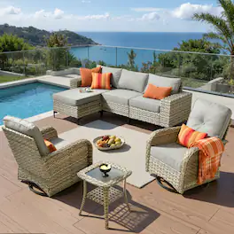 Ovios - 7 PCS Patio Furniture Set, Rattan Sectional Sofa with Swivel Chair, Ottoman & Side Table - Dark Gray