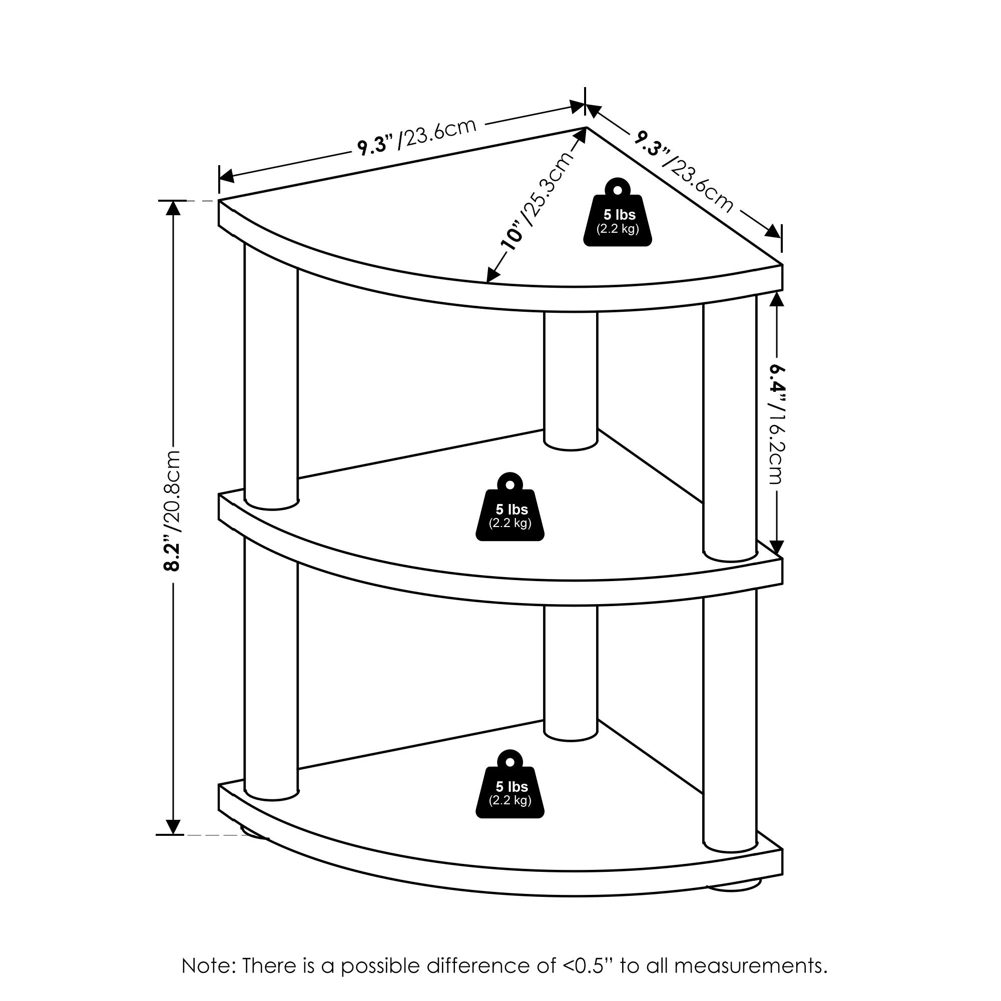 - 9.3" / 23.6 cm
- 9.3" / 25.3 cm
- 10" / 25.3 cm
- 8.2" / 20.8 cm
- 6.4" / 16.2 cm
- 5 lbs / 2.2 kg

Note: There is a possible difference of <0.5" to all measurements.