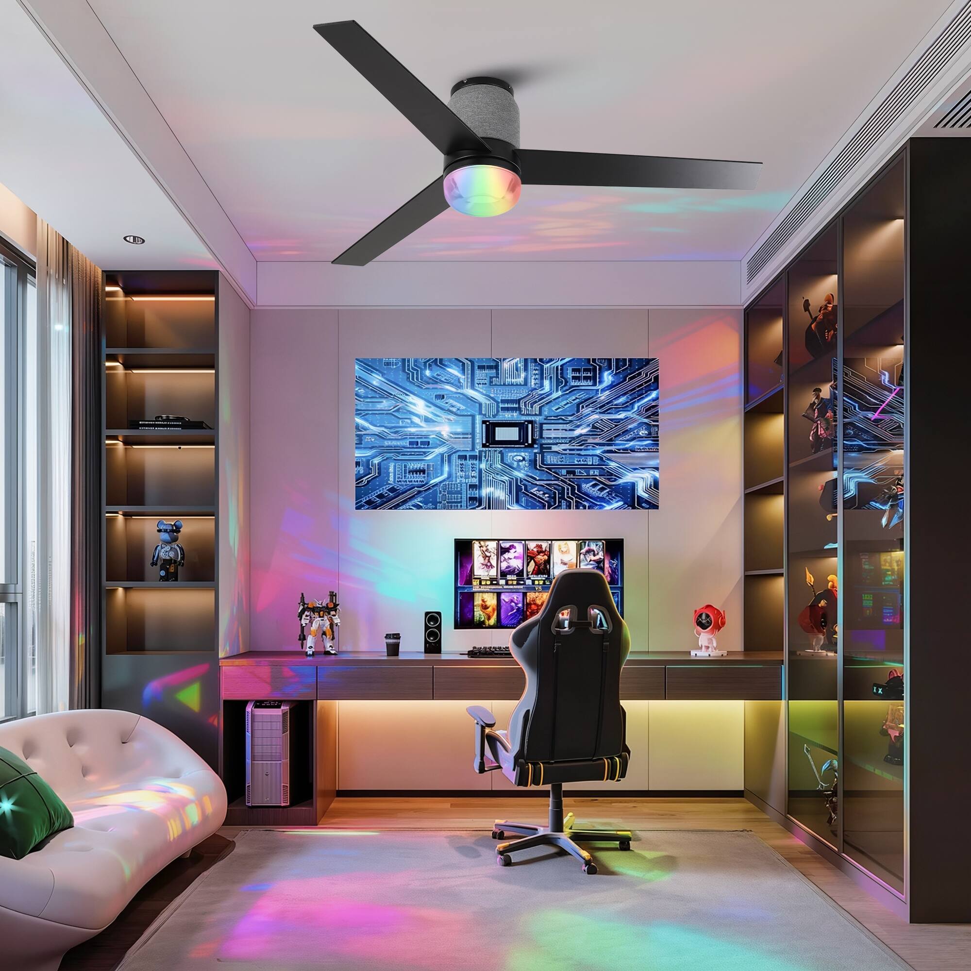 Back. Parrot Uncle - 52" Modern RGB LED Low Profile Smart Ceiling Fan with Light and Remote and App Control - Matte Black.