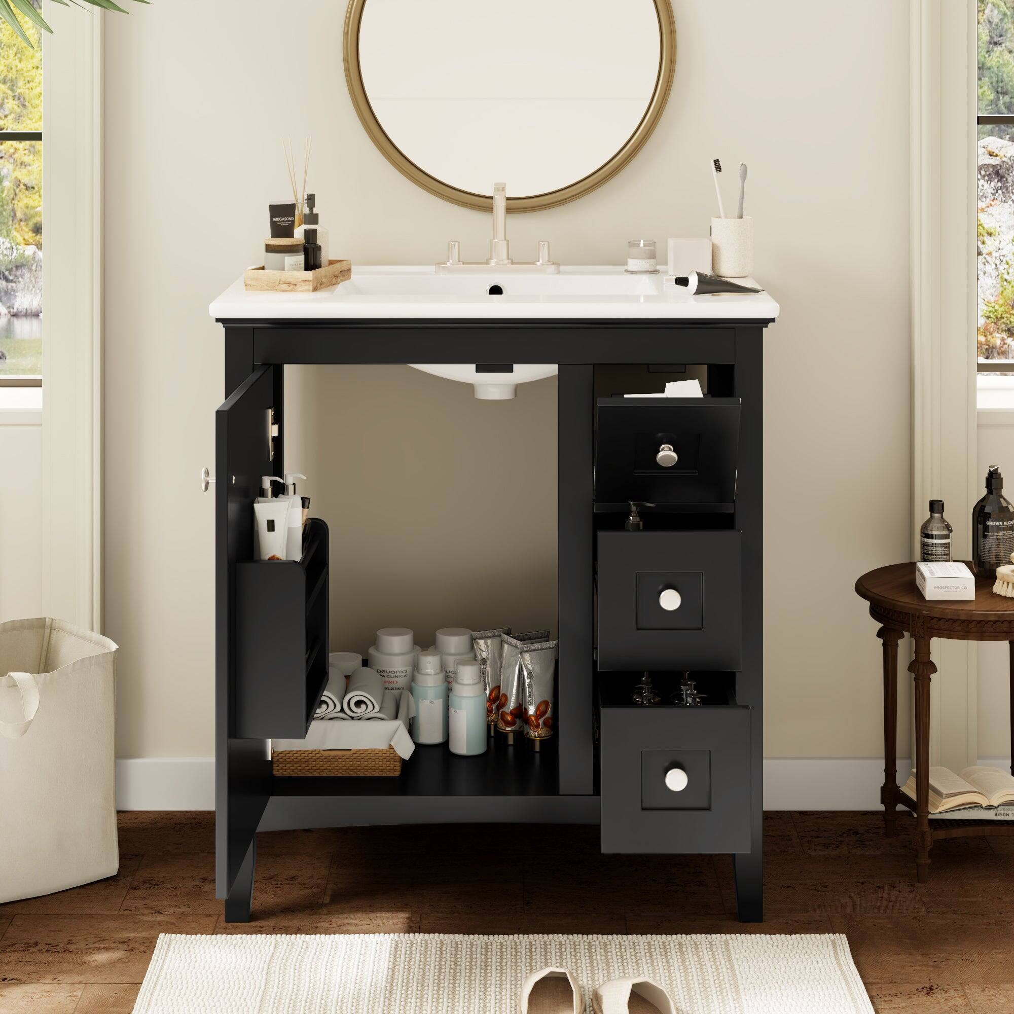 Alt View 5. Boyel Living - 30 Inch Bathroom Vanity with Ceramic Sink Three Drawers Black - Black.