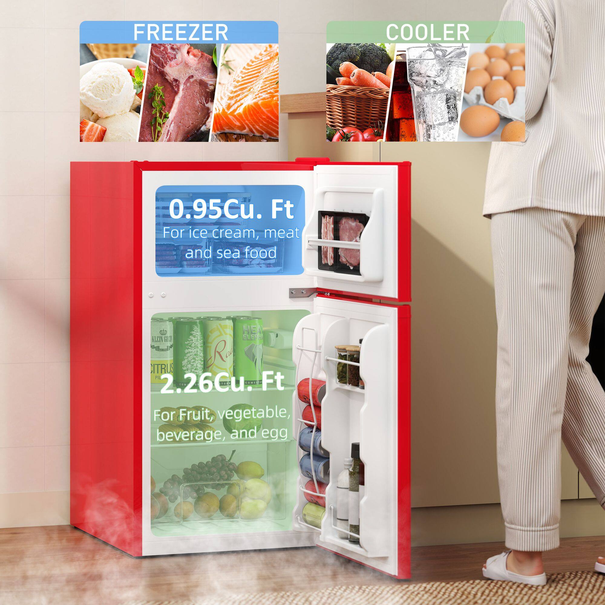 FREEZER  
0.95Cu. Ft  
For ice cream, meat and sea food  

COOLER  
2.26Cu. Ft  
For Fruit, vegetable, beverage, and egg