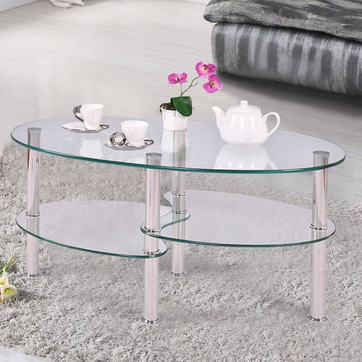 Alt View 1. Hivvago - Modern Oval Tempered Glass Coffee Table with Bottom Shelf - Transperant.
