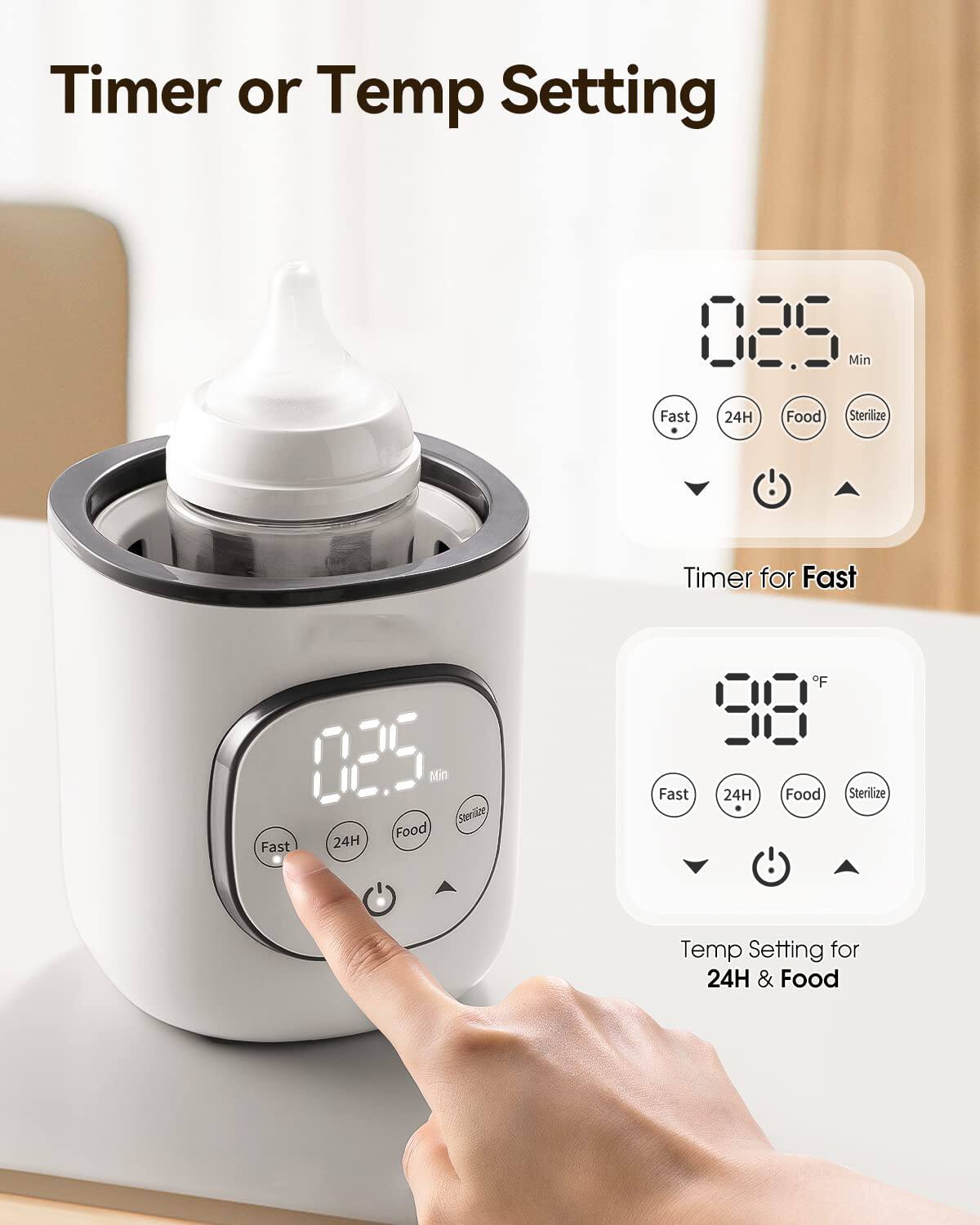 Timer or Temp Setting

Timer for Fast
02.5 Min

Temp Setting for 24H & Food
98°F