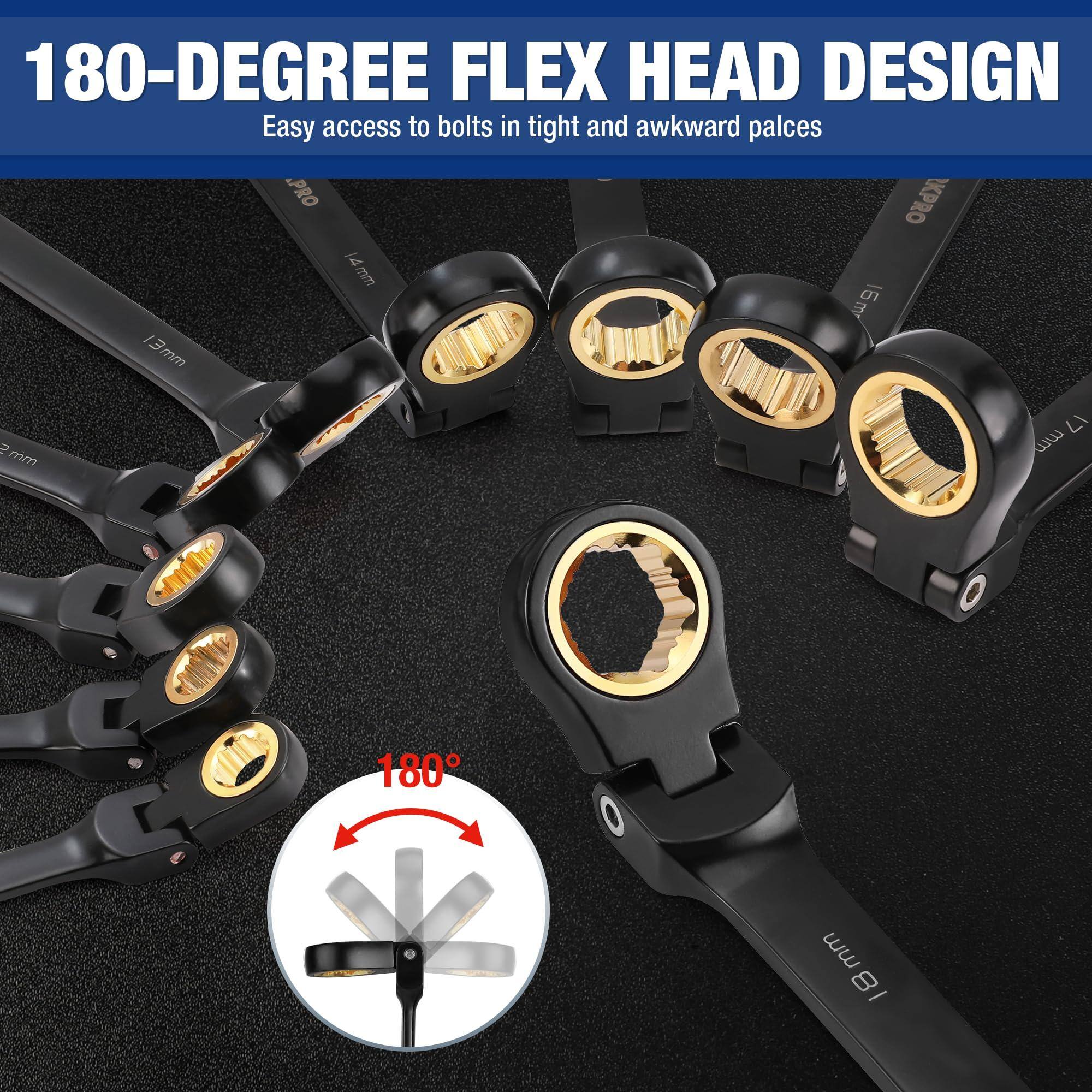 180-DEGREE FLEX HEAD DESIGN  
Easy access to bolts in tight and awkward places  

14 mm  
13 mm  
12 mm  
11 mm  
10 mm  

180°